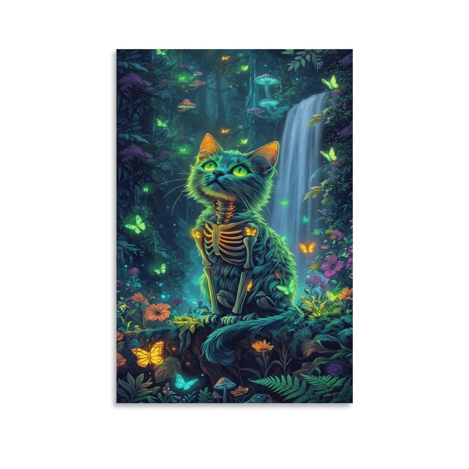 XPASHIQWC Skeleton Cat Wall Decor Poster Glowing Forest Canvas Prints Picture Modern Canvas Wall Art Picture Wall Hanging for Office Gym Living Room Decor 20x30inch(50x75cm)