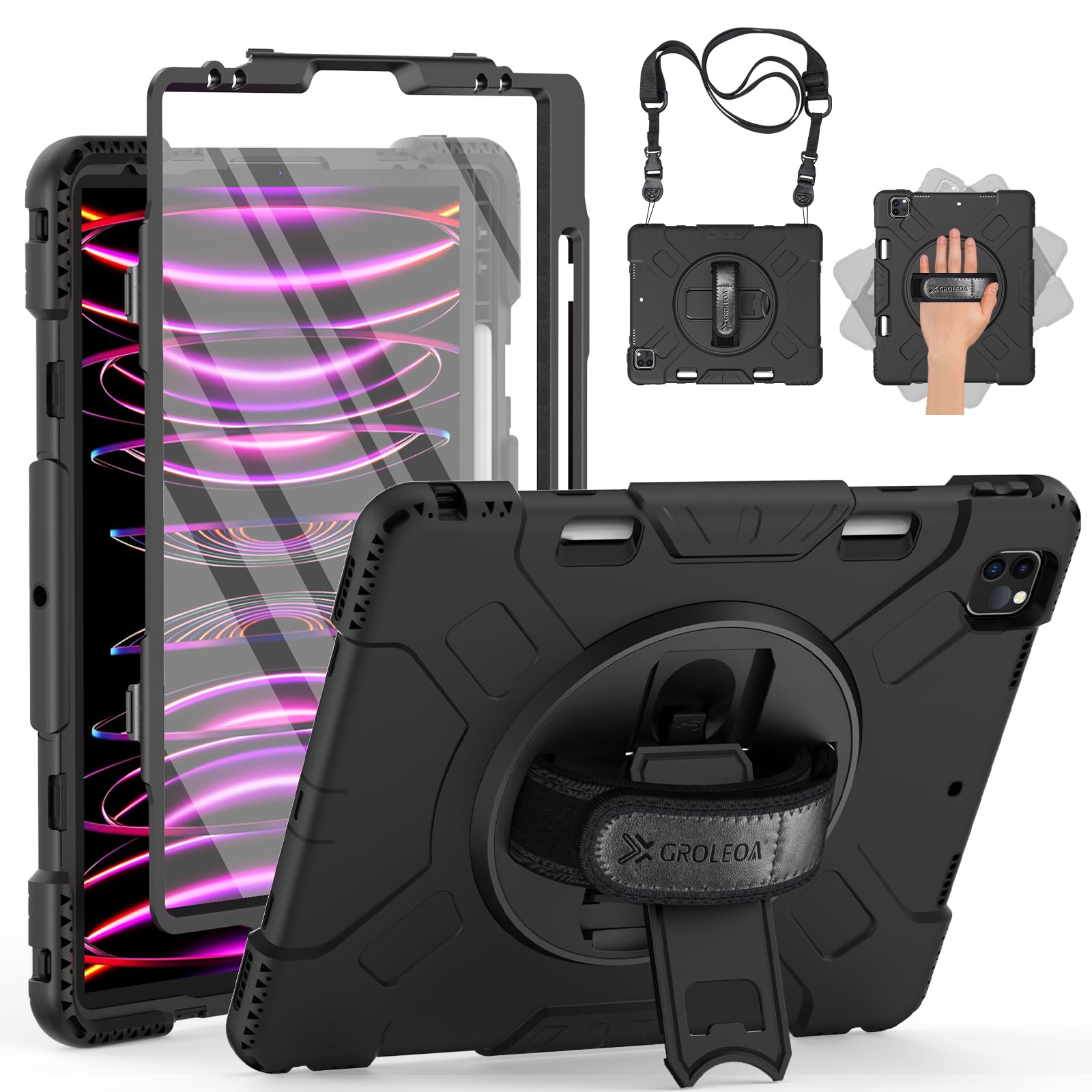 for iPad Pro 12.9 Case 2022/2021/2020 with Pencil Holder Screen Protector, iPad Pro 12.9 inch 6th/5th/4th Generation Cover, Full Body Shockproof Protective Rubber Case W/Stand Strap, Black