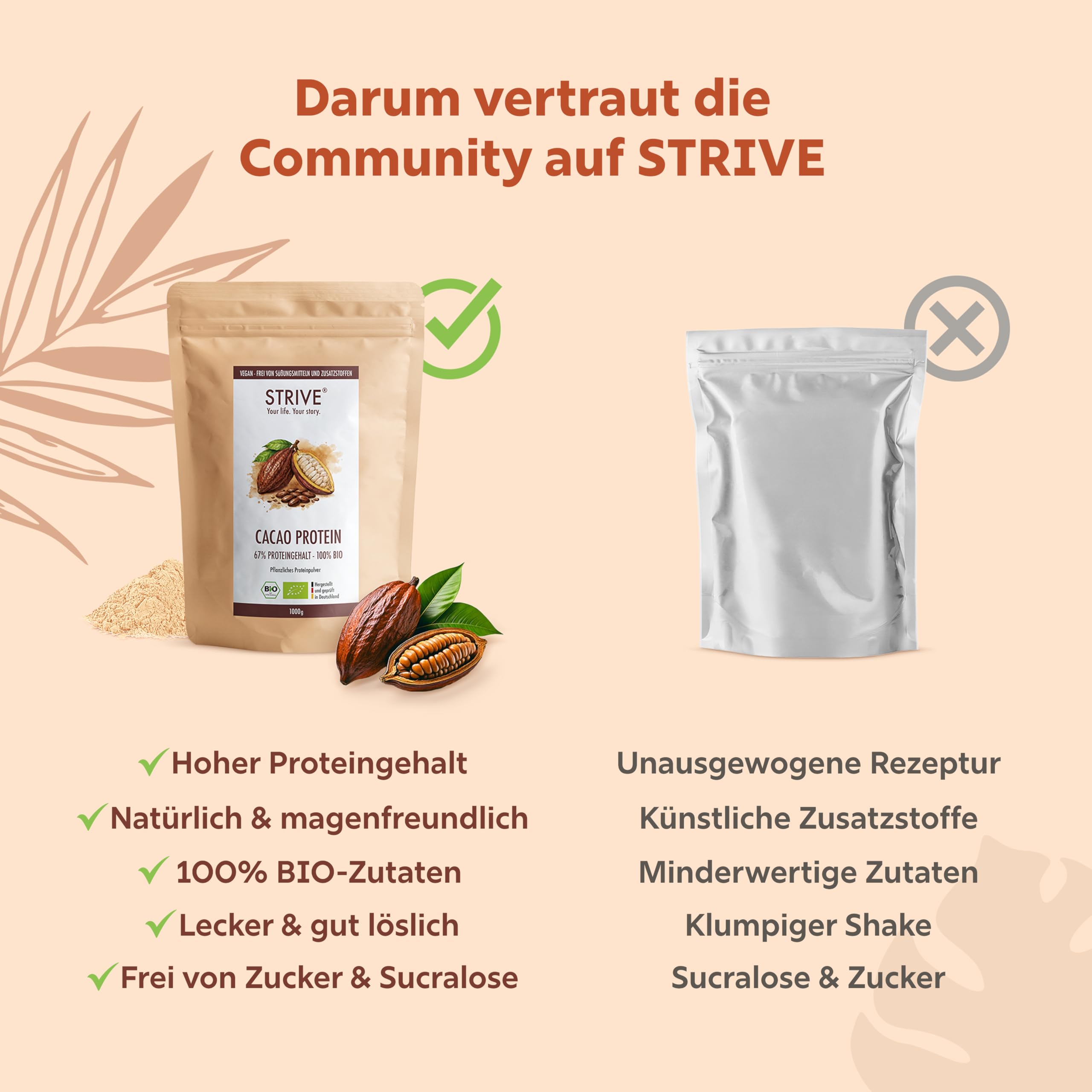 STRIVE CACAO PROTEIN | Vegan | 100% BIO | 1000g Natur Eiweiß mit zertifiziertem Bio Kakao | Ohne Süßungsmittel & Aromen | Ohne Soja & Gluten | Mehrkomponenten 4K | Made in Germany DE-ÖKO-039