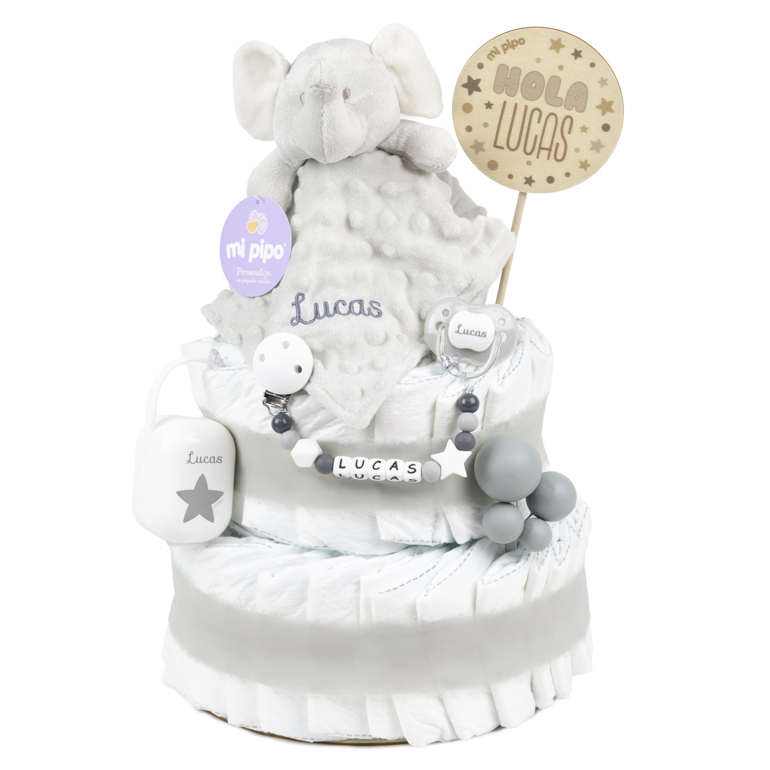 Tarta de Pañales Personalizada con Dou Dou - Elefante Gris | con 44 Pañales Talla 2 | Regalo Bebé Recién Nacido con Accesorios para el Bebé | Baby Shower Unisex