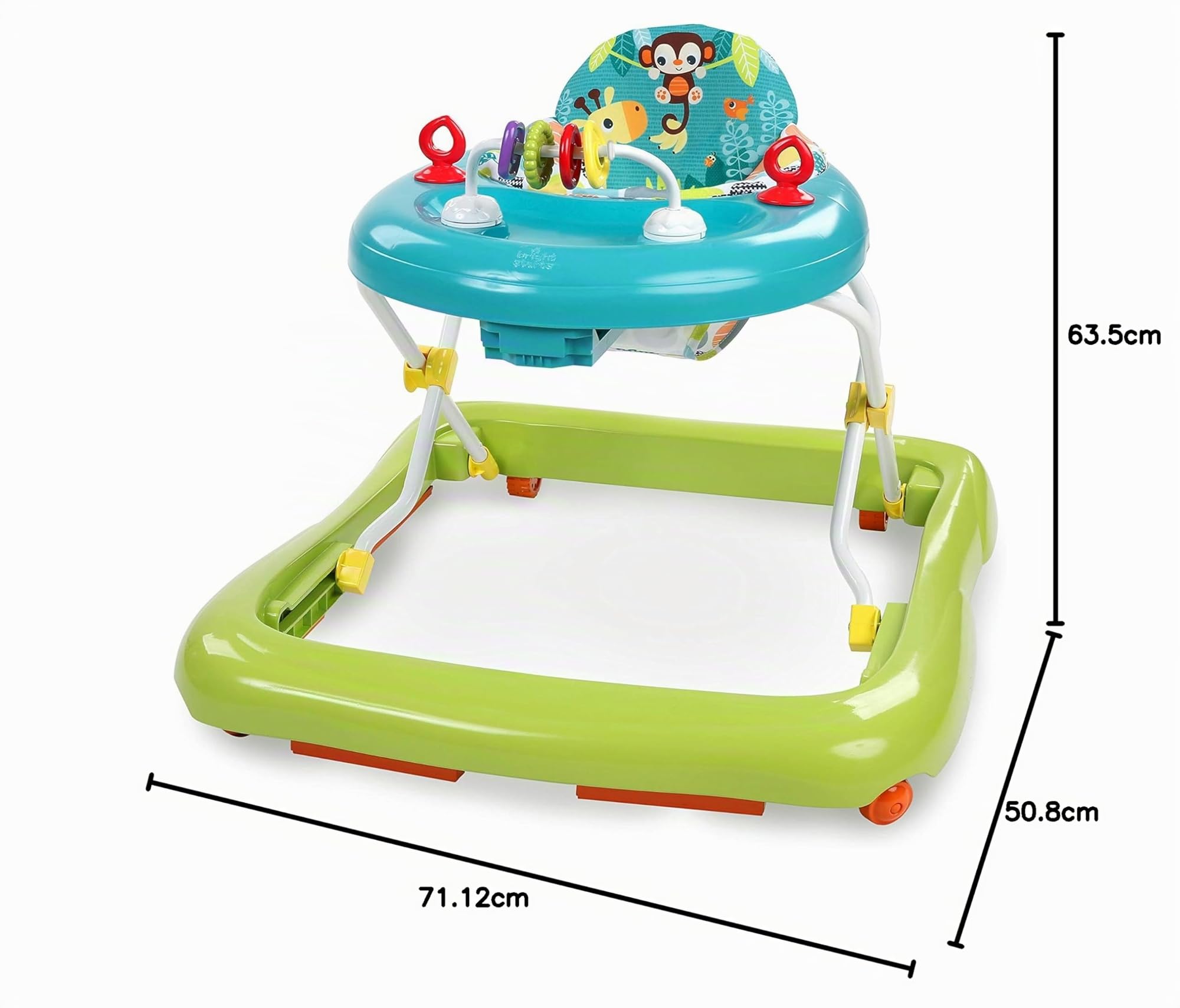 Bright Starts, Andador Primeros Pasos Plegable para Bebés Giggling Safari, juguete de ábaco divertido y colorido, altura ajustable, asiento extraíble, lavable a máquina, a partir de 6 meses