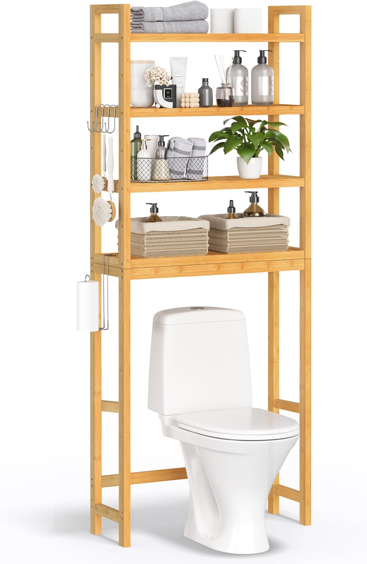 SONGMICS Over The Toilet Storage, 4-Tier Over Toilet Bathroom Organizer with Adjustable Shelves, 10.2 x 24.8 x 72.8 Inches, Space-Saving, Natural Beige UBTS041N01