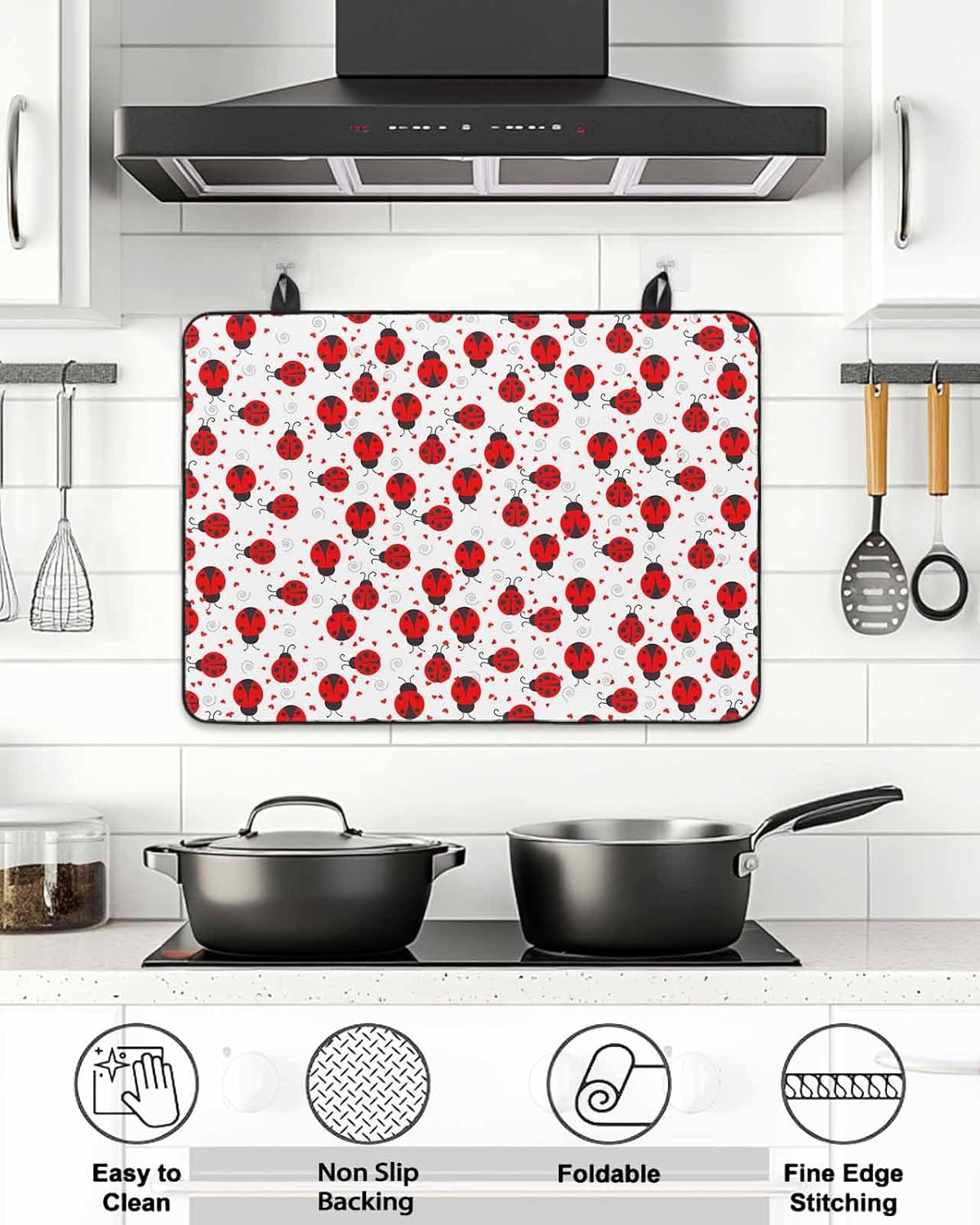 Red Ladybug Stove Cover for Electric Stove, Cartoon Insects Animal Love White Background Stove Top Cover for Glass Top, Heat Insulation Rubber Mat Foldable Cooktop Top Protector, 28.5"x20.5"