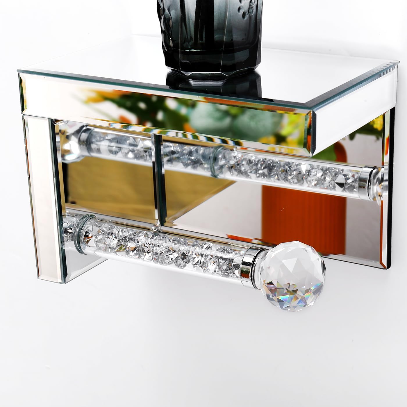 Crystal Crush Diamond uchwyt na papier toaletowy z lustrzaną półką – nowoczesne, montowane na ścianie, srebrne akcesoria łazienkowe, efektowny uchwyt na papier toaletowy do eleganckiego wystroju