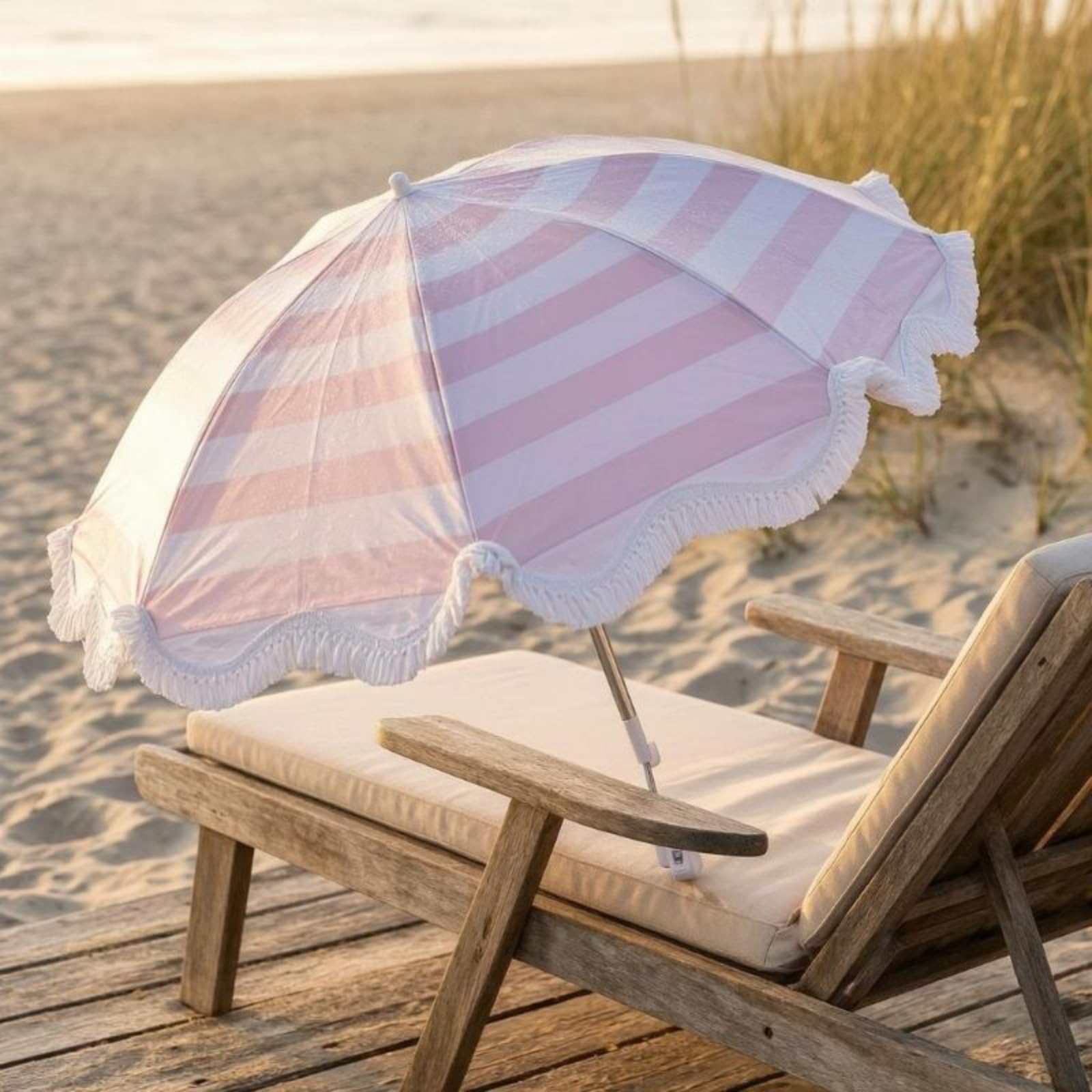 Colcolo Strand Sonnenschirm Klemmschirm Ampelschirm Schattenspender Schirm mit Fransen Tragbar Stabil mit Schraubhalter für Gartenstuhl Patio Balkon See Strand Geeignet, Blau-Weiß Gestreift