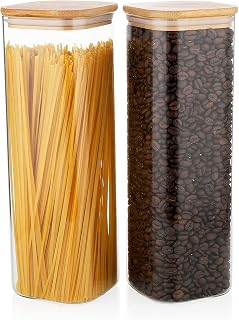 1CHASE Square Glass Storage Jar with Air tight Bamboo Lid, Borosilicate Kitchen Food Storage Container Set for Candy Cookie Rice Sugar Flour Pasta Nuts, Set of 2Pcs 1800 ML
