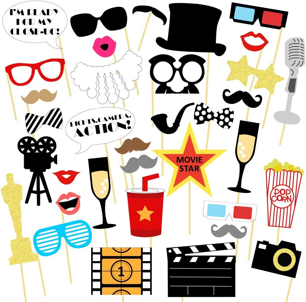 Movie Party Photo Booth Props Kit - Movie Night Party Supplies Decorations,Pack of 33
