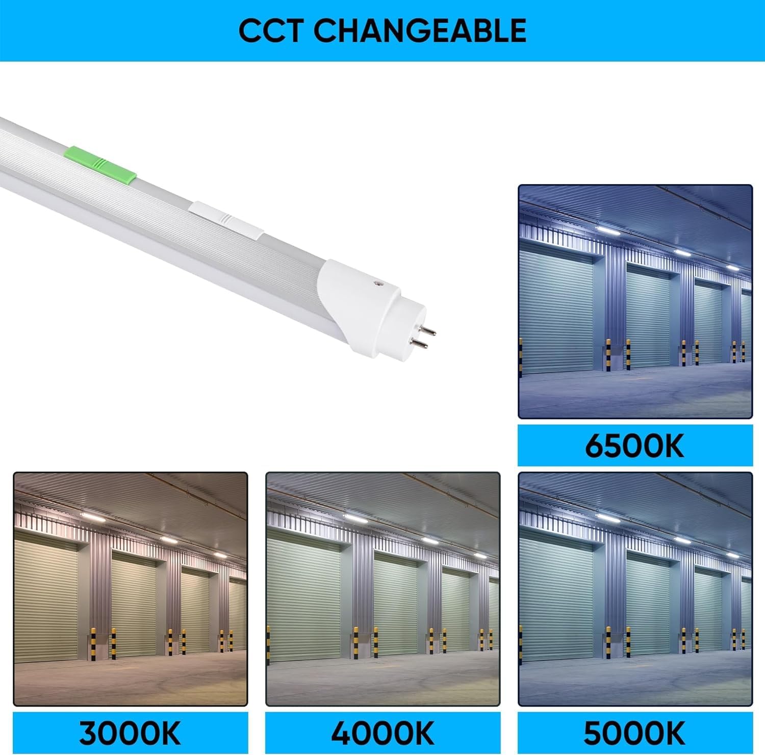 Series of images showing a room illuminated with different color temperatures: 3000K, 4000K, 5000K, and 6500K, demonstrating the CCT changeable feature of the LED tube light.
