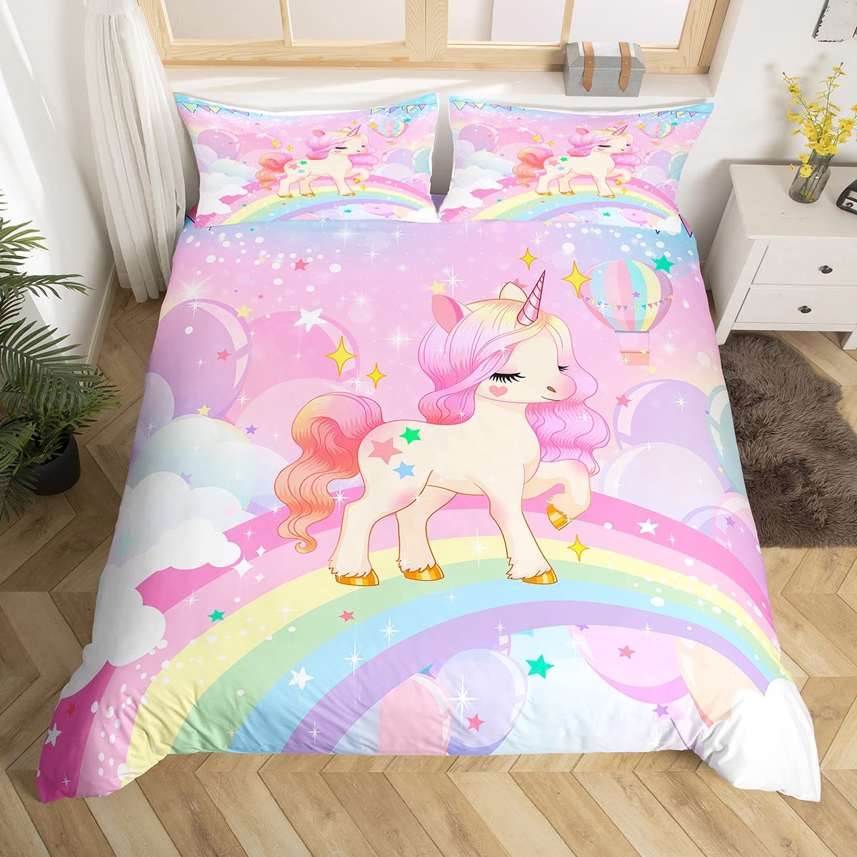 Einhorn Mädchen Bettwäsche 135x200cm Rosa Regenbogen Bettbezug Kinder Kawaii Cartoon Pferd Set mit 1 Kissenbezug