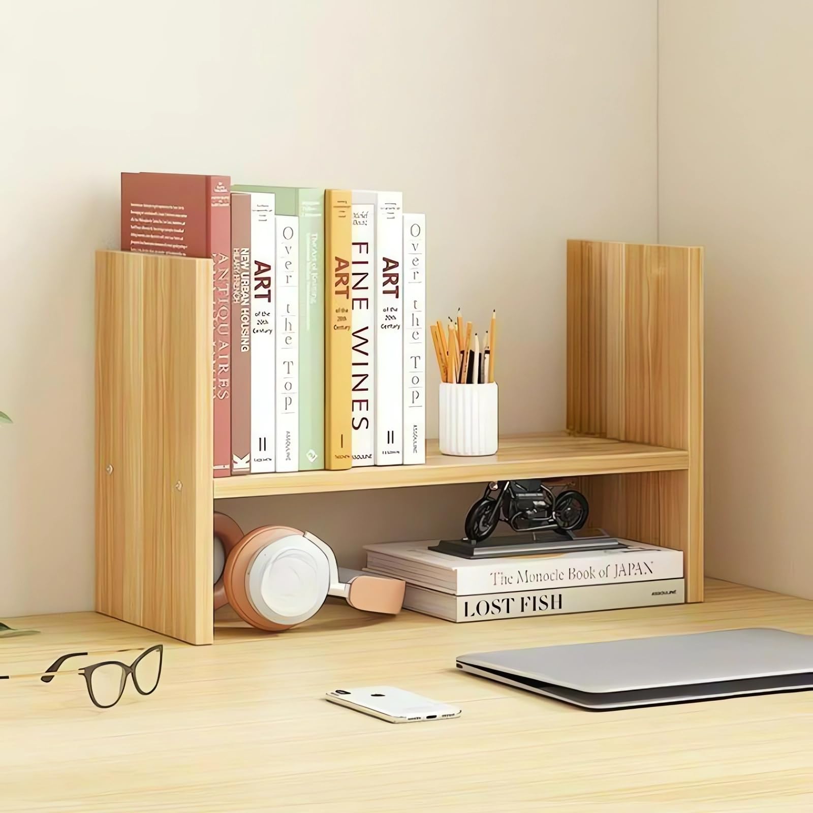 AUSHOPLAH Libreria in legno, organizer da scrivania, 30 x 15 x 25 cm, 2 ripiani, per ufficio, libri e decorazioni E272 (legno)