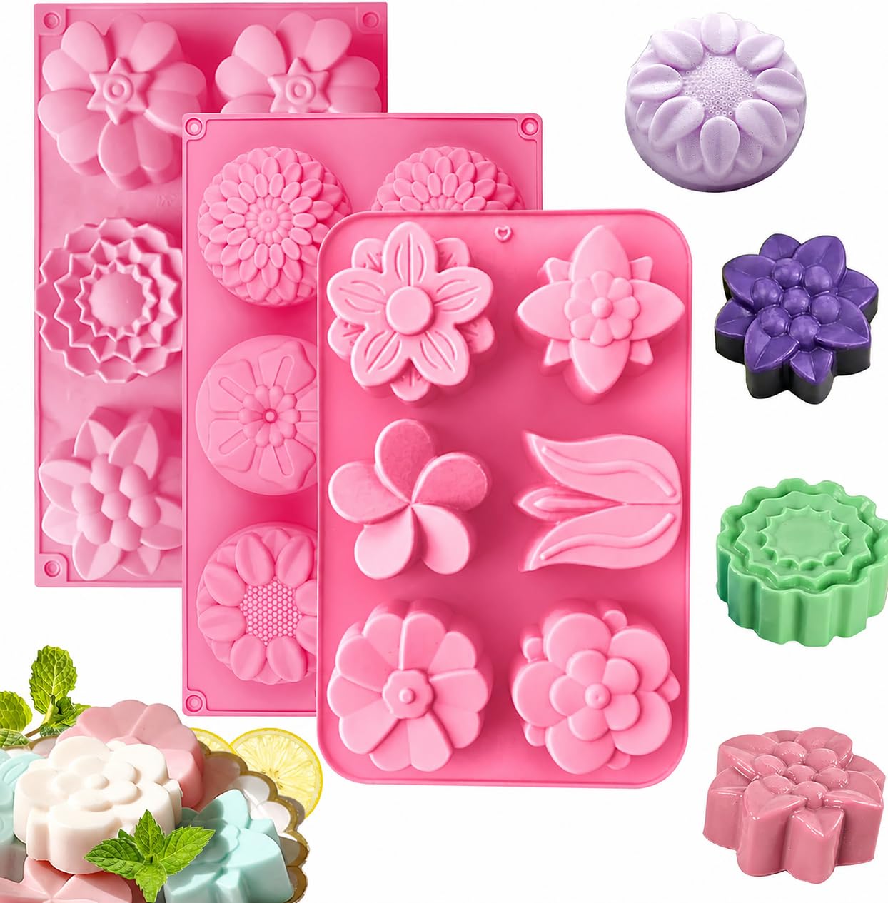 Silicone Soap Molds, different Cavities Soap Mold with Different Shapes, Perfect for Soap Making, Handmade Cake Chocolate Desserts Biscuit Pudding Teacake Jelly （3 Pack - Flower） 3 Pcs Flower 1