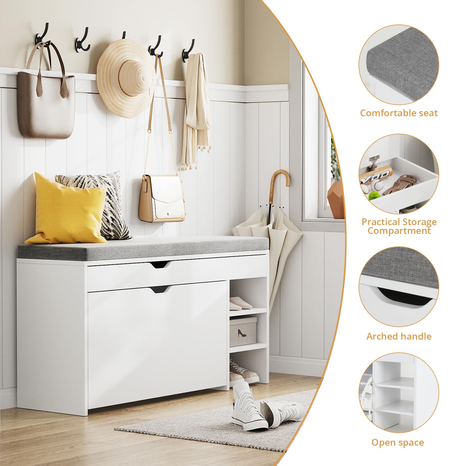 VOWNER Zapatero Estrecho, Banco Zapatero, Zapatero Entrada Recibidor, 100 x 30 x 55 cm, Madera, para Entrada Estrecha, Pasillo, Alla de Zapato, Blanco