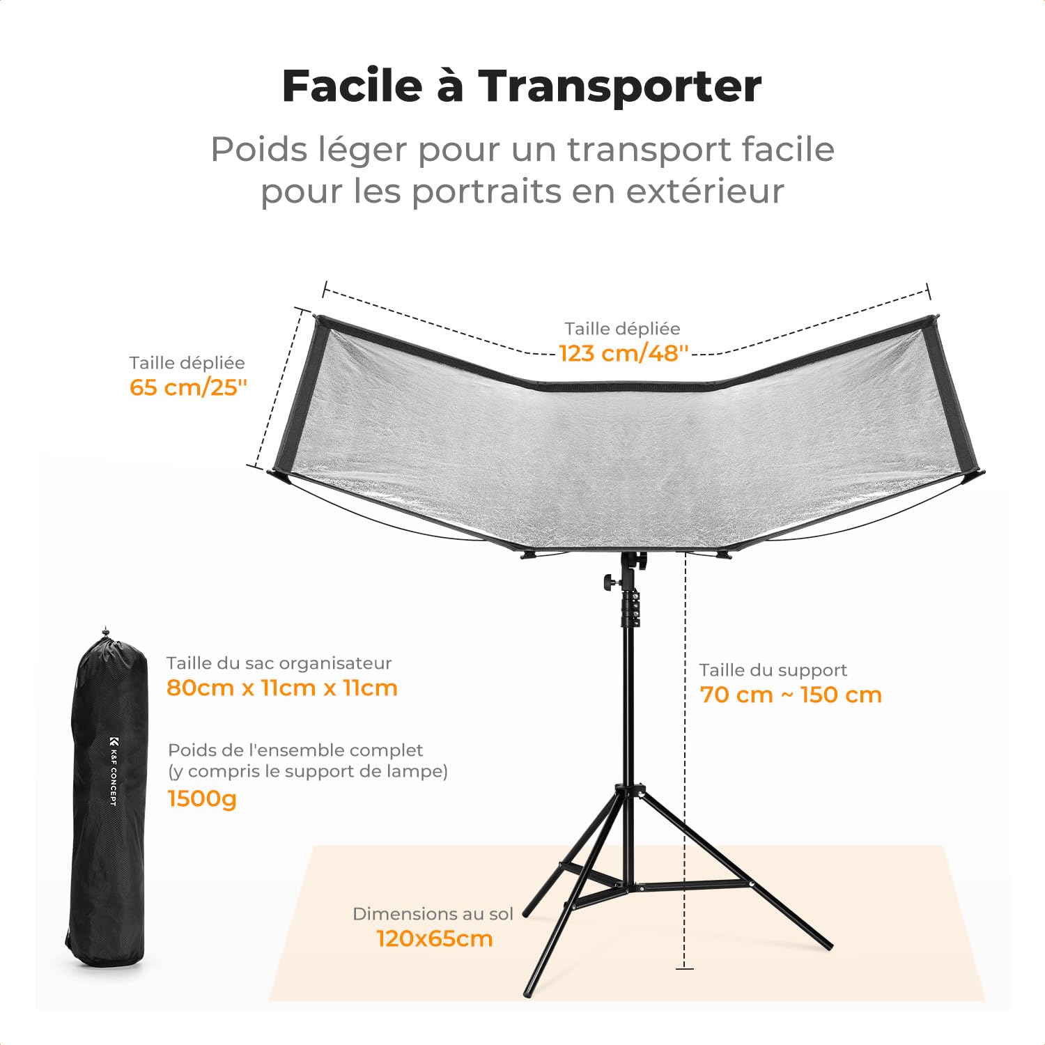 K&F CONCEPT Réflecteur incurvé, réflecteur Pliant à Ouverture Rapide avec Support et Sac de Transport, diffuseur de Photographie en Forme de U de 48x26''pour Les Portraits en Studio