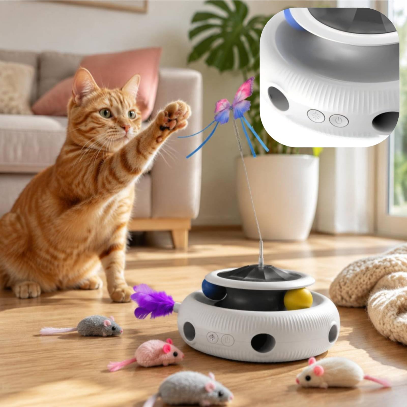 Giocattolo Interattivo per Gatti Farfalla Rotante Gioco Elettrico con Piume Asta a Molla Pista con Palline Sensore Integrato Ricarica Usb Materiale
