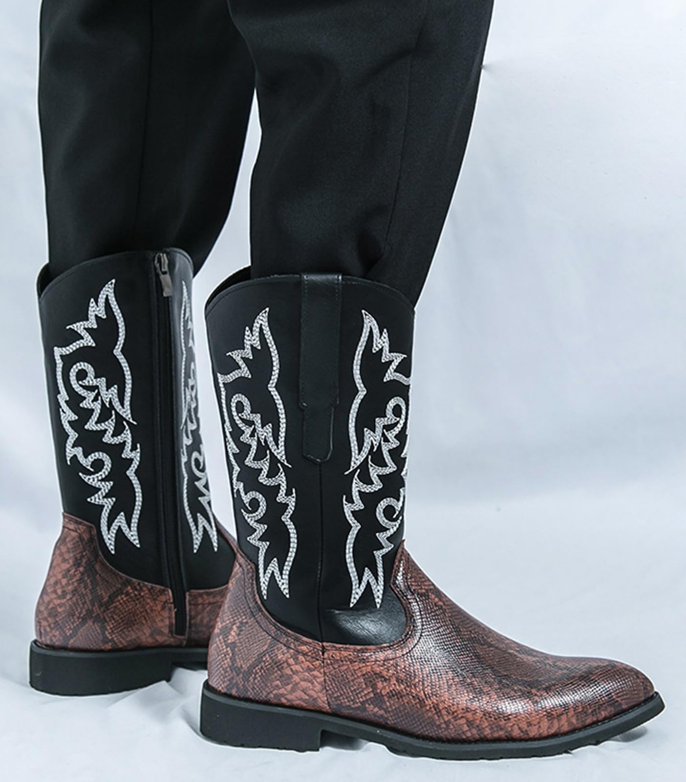 Stivali da Cowboy Uomo Stile Western Stampa Serpente Pelle | Sintetica Ricamati Stivaletti con Cerniera Laterale Suola in Gomma