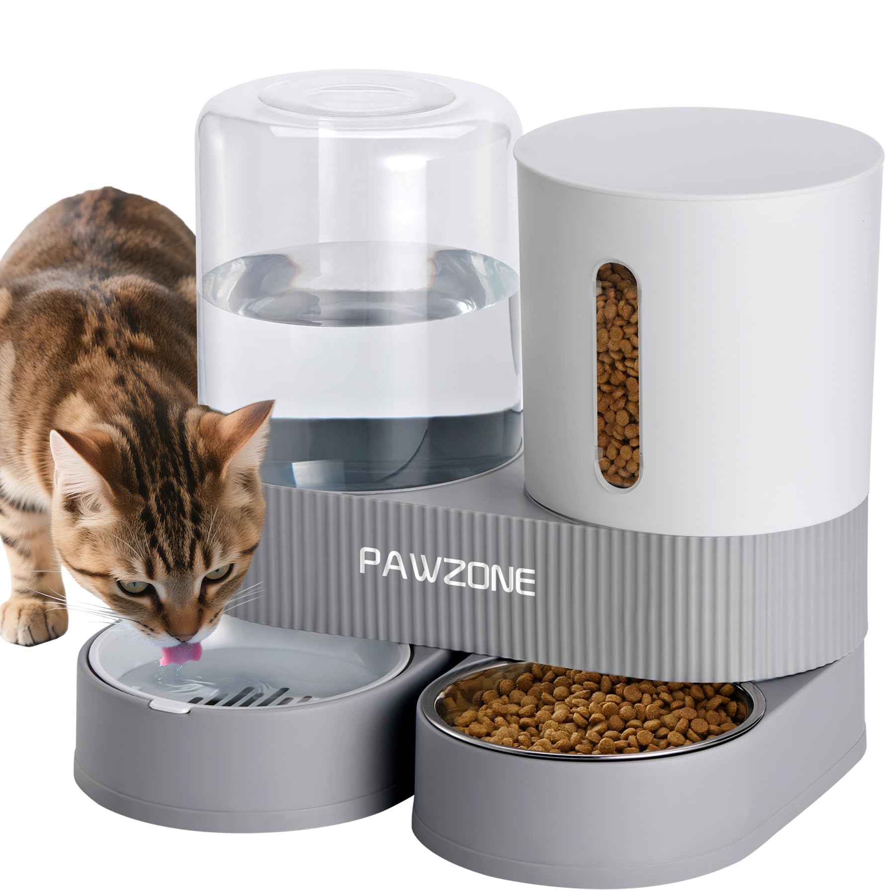 2 Pack Automatic Cat Feeder Stainless Steel Water Dispenser Gravity Food Feeder and Waterer Set with Pet Food Bowl for Small Medium Kitten Puppy Pets Large Capacity(Grey)