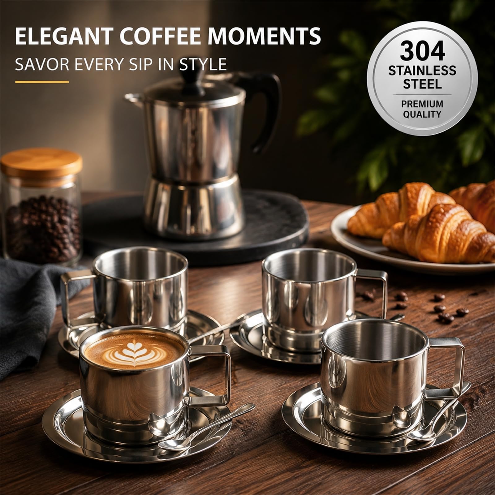 ZENFUN Zestaw 4 filiżanek do kawy ze stali nierdzewnej, kubki do espresso, kubki do kawy z podwójnymi ściankami, naczynia do latte, cappuccino, mleka, herbaty, 4 szt