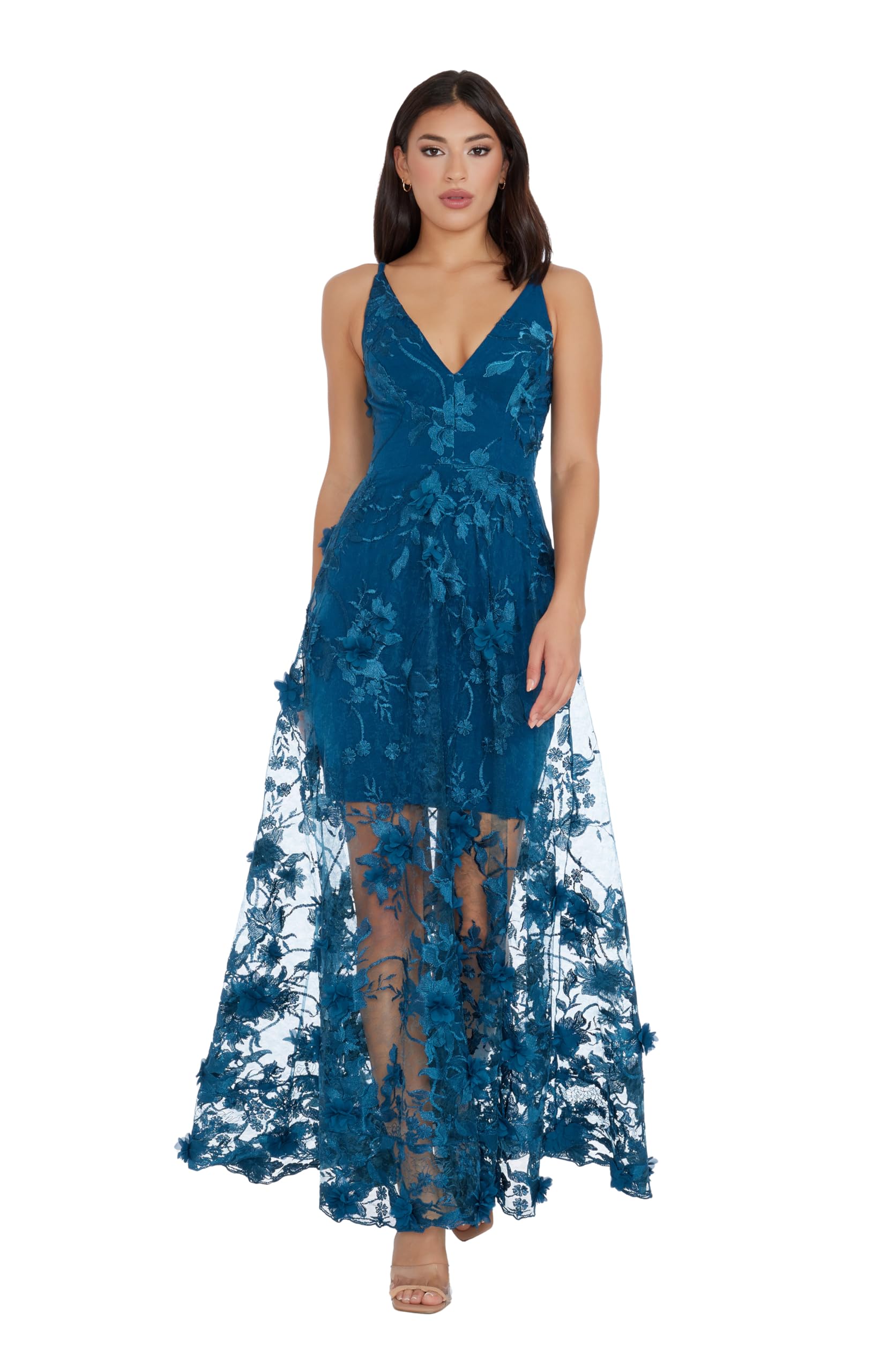 Photo 1 of Dress the Population Womens Embellished Plunging Gown Sleeveless Floral Long Dress, Peacock Blue Sidney, Large