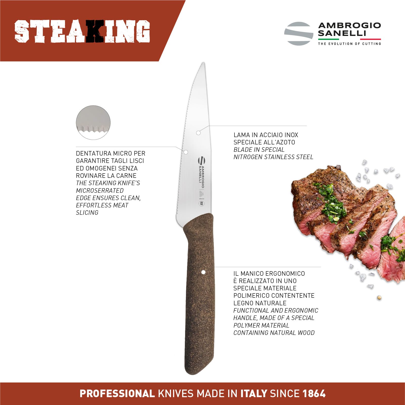 SteaKing Ambrogio Sanelli - Set da 4 - Coltello Bistecca, lama Microdentata cm 13 in Acciaio Inox NitroB e Manico in SEBS, Coltello Professionale, Made in Italy