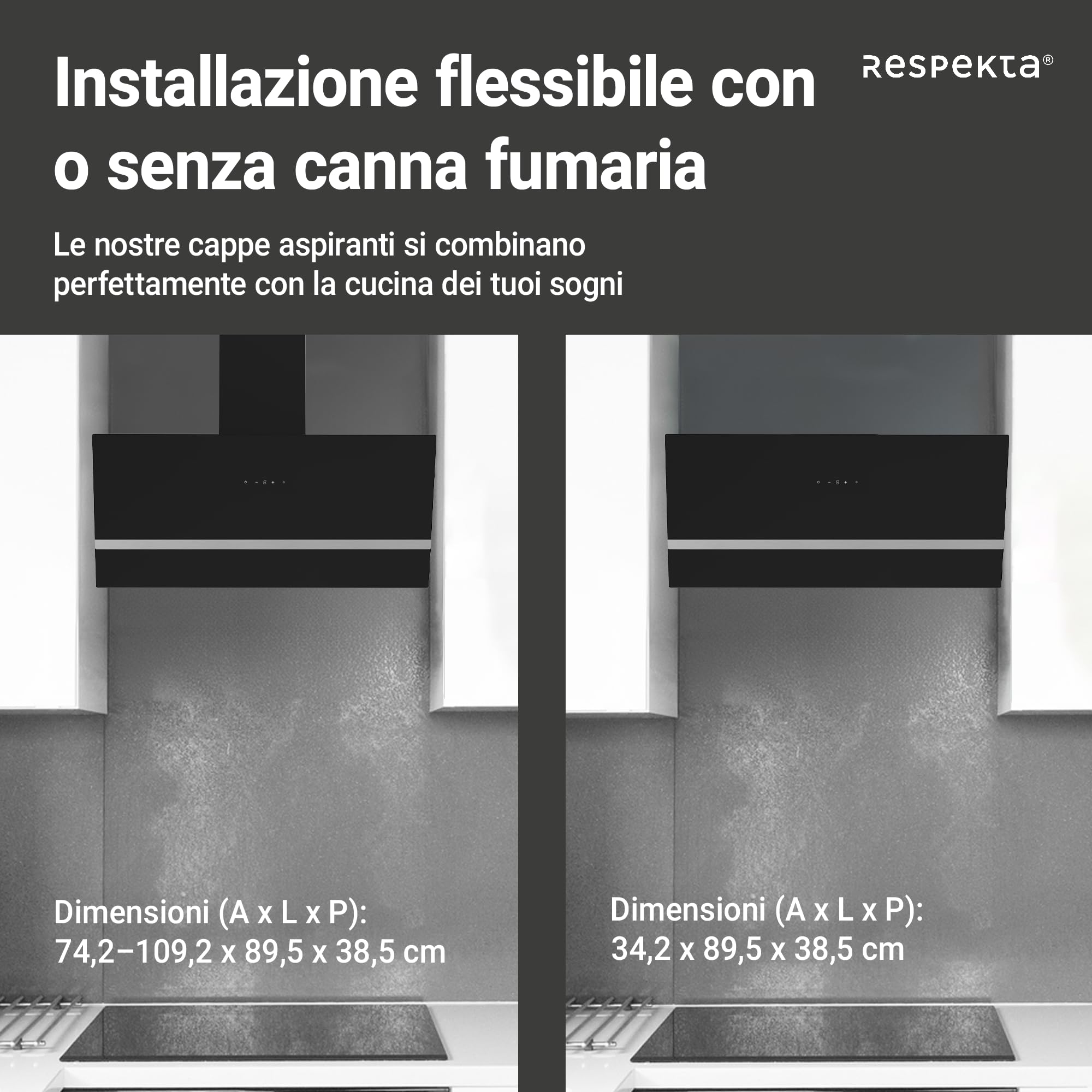 Respekta Cappa Isola senza Cappa, Cappa inclinata 90 cm, Struttura in metallo con paralume in vetro Nero, Funzione di scarico e ricircolo d'aria, CH24090SAM, A, 54 - 68 dB