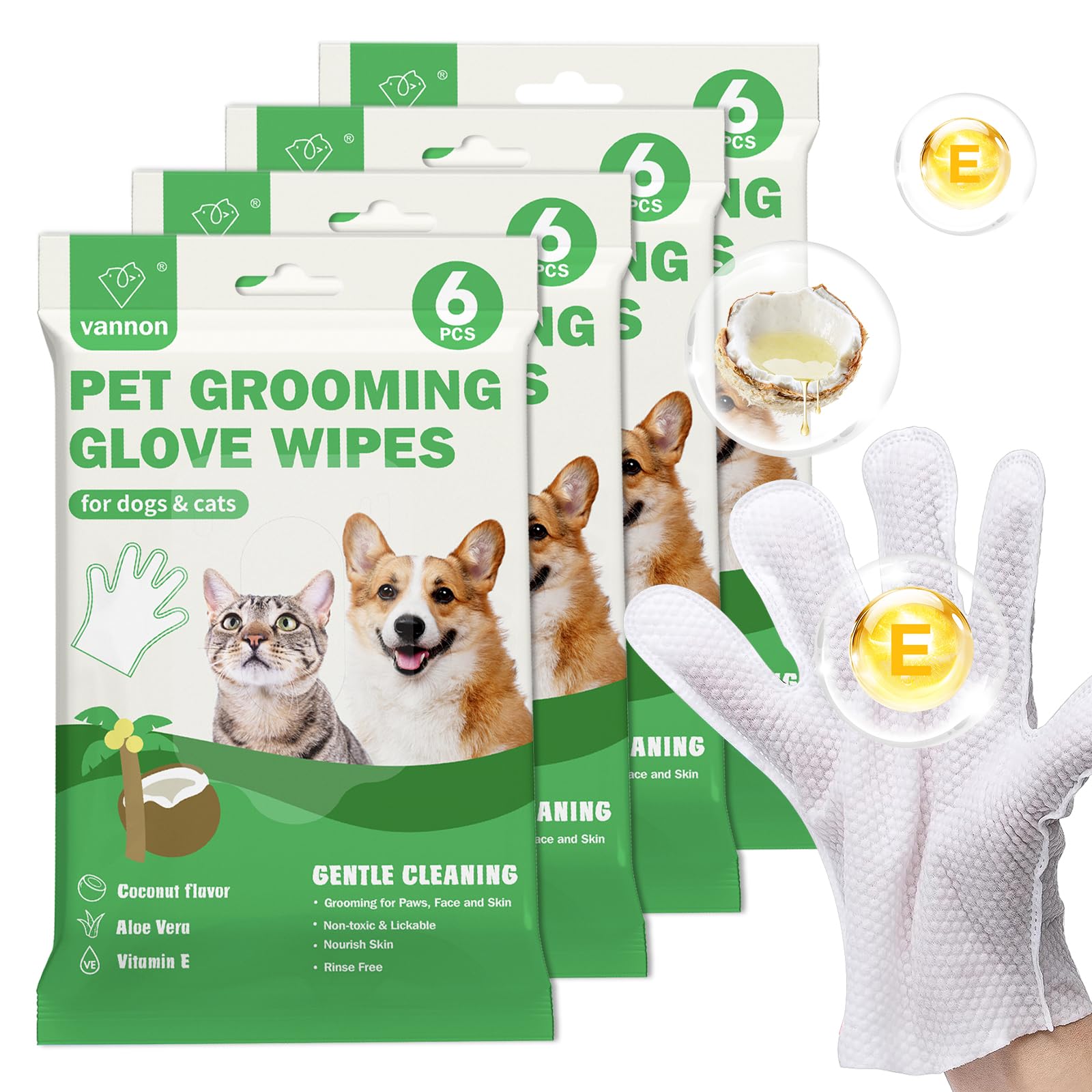Vannon Extra Thick Pet Bathing Wipes for Dogs & Cats, Cleaning & Odor-Controlling Grooming Gloves, Nourish Fur Glove Wipes for Daily Care and