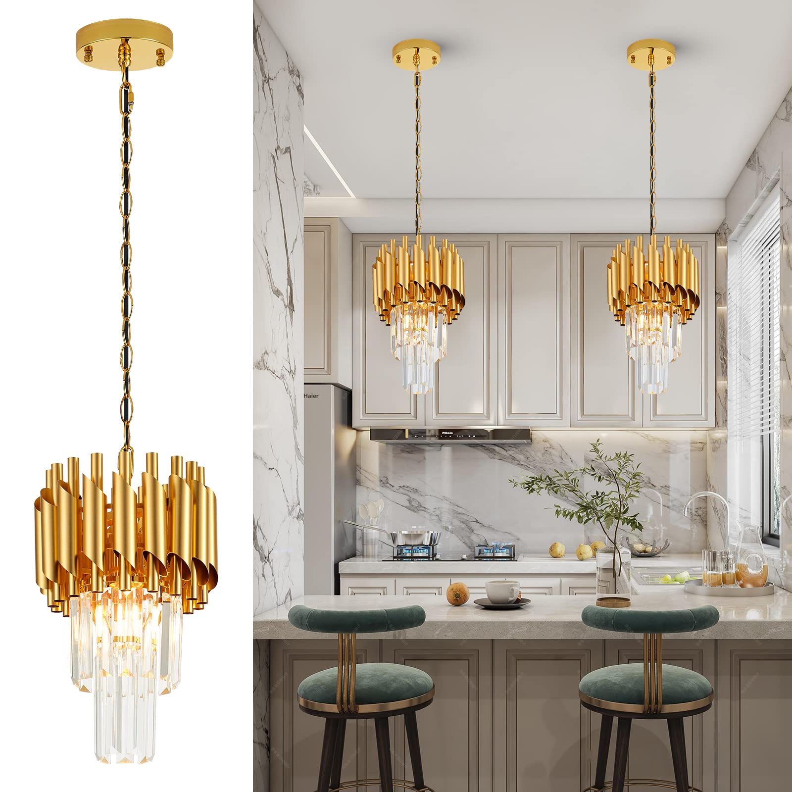 brfaixla 1 Pack Gold Crystal Pendant Light 7.88" Modern 2-Tier Contemporary Round Crystal Hanging Ceiling Light for Dinning Room Kitchen Island Bedroom Laundry Room Foyer Entryway, E26
