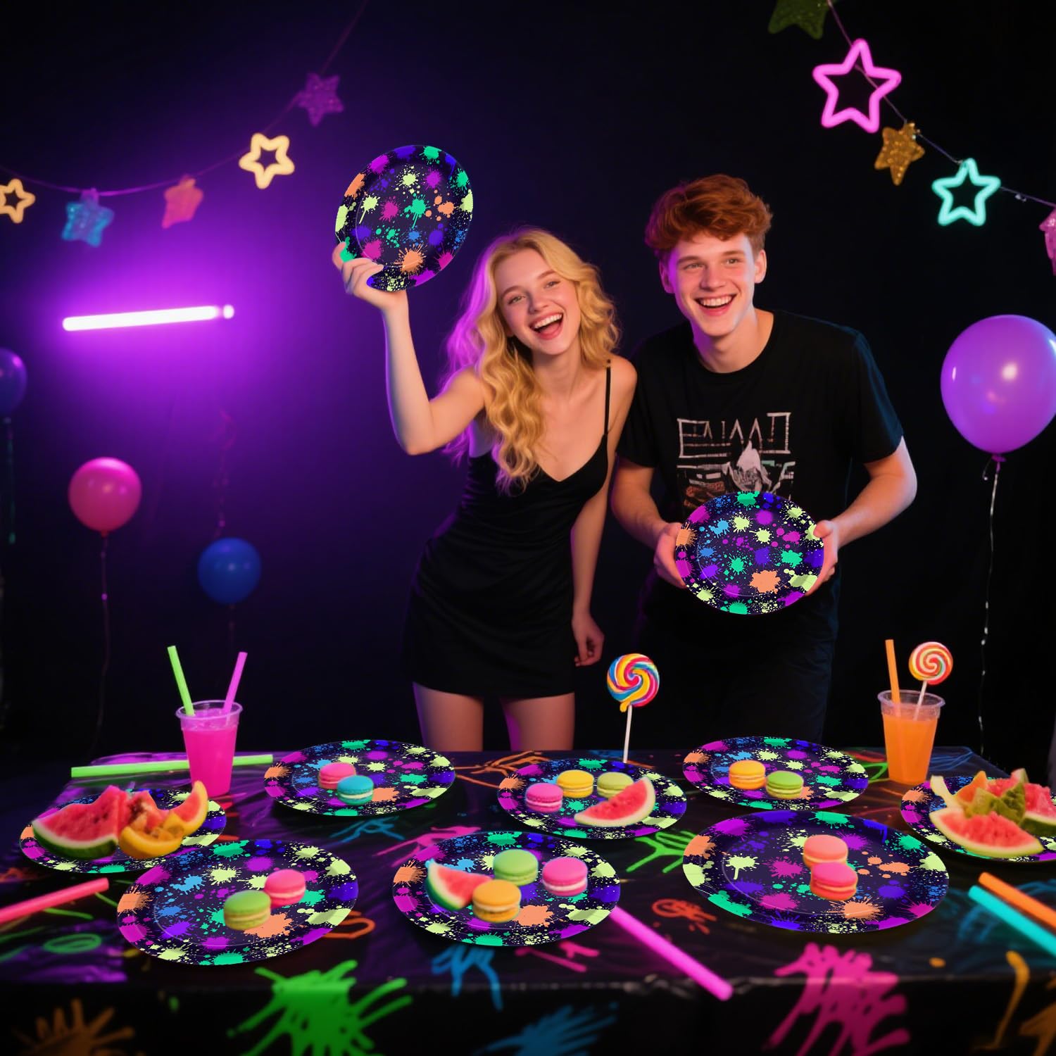 Assiettes En Carton Fluo – Lot 20 Personnes (18 Cm Et 23 Cm) – Graffiti Phosphorescent UV – Pour Fête Lumière Noire