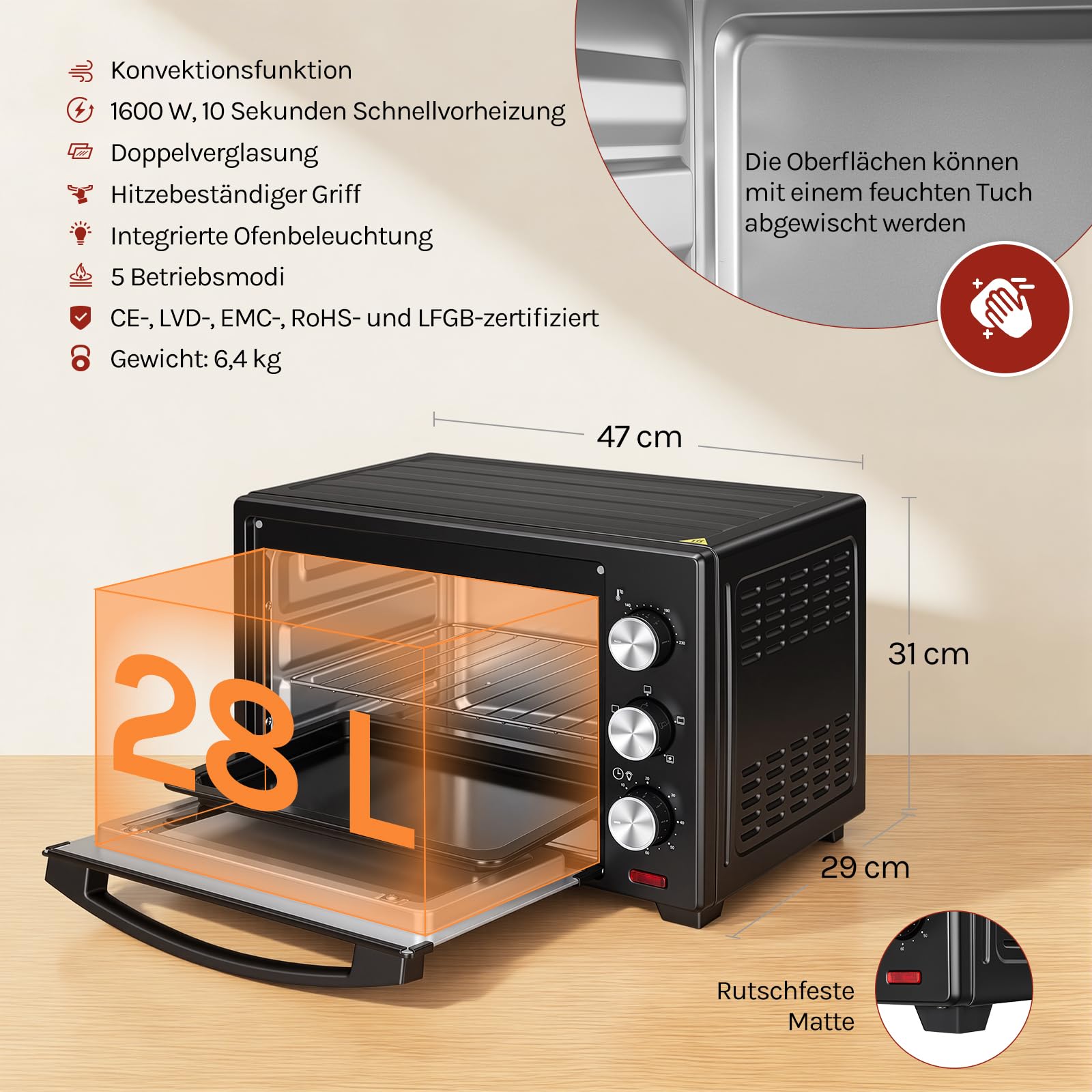 WOLTU Mini Backofen mit Umluft 28 L, Pizzaofen 1600 W, 100-230 °C, Timer 0-60 Min., 3 Heizmodi, inkl. Backblech Grillrost Krümelblech Rostheber, Mini Ofen für Backen Braten Auftauen Erhitzen, Schwarz