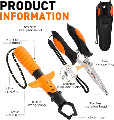 Miniatura 3 de Kit de herramientas de pesca de 10 piezas, alicates de pesca con cordón y fundas protectoras, salabre, cuchillo de filete, balanza de pescado,