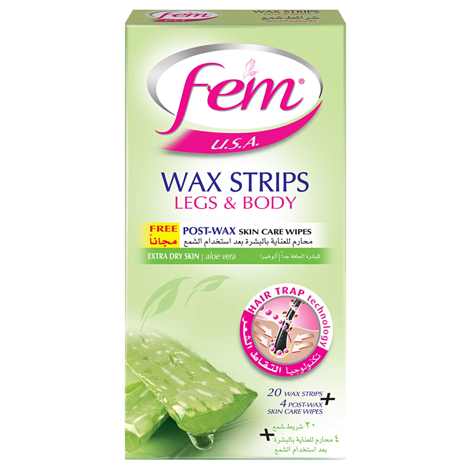 USA Body Wax Strips | Enriched With Aloe Vera | For Dry Skin - 20 strips With Post-Wax Skin Wipes