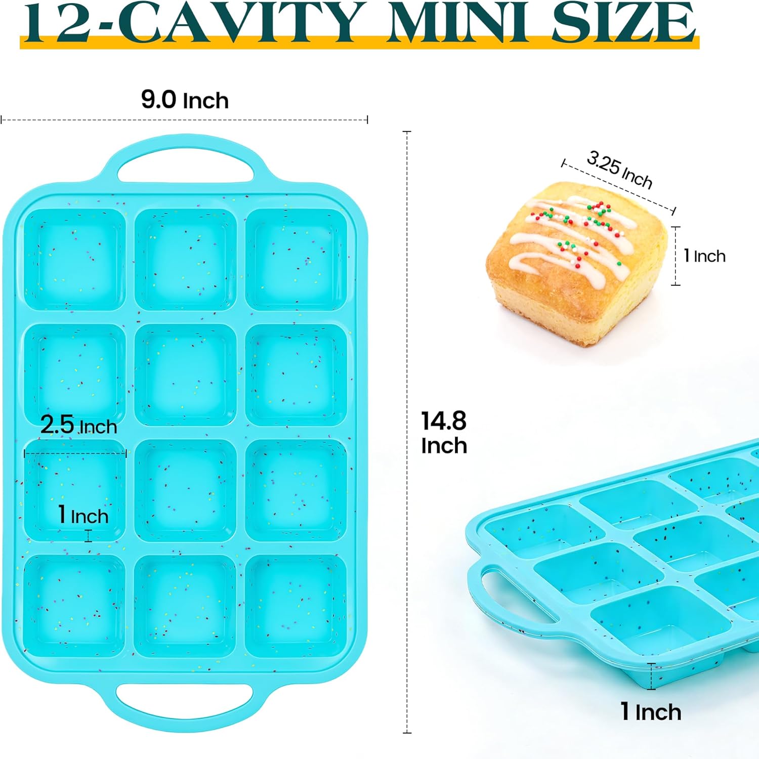 2Pcs Silicone Brownie Pans With Dividers, 12-Cavity Non Stick All Edges Mini Brownie Baking Pan With Metal Frame, Square Muffin Pan For Oven, (Aqua、Cream) - Image 4