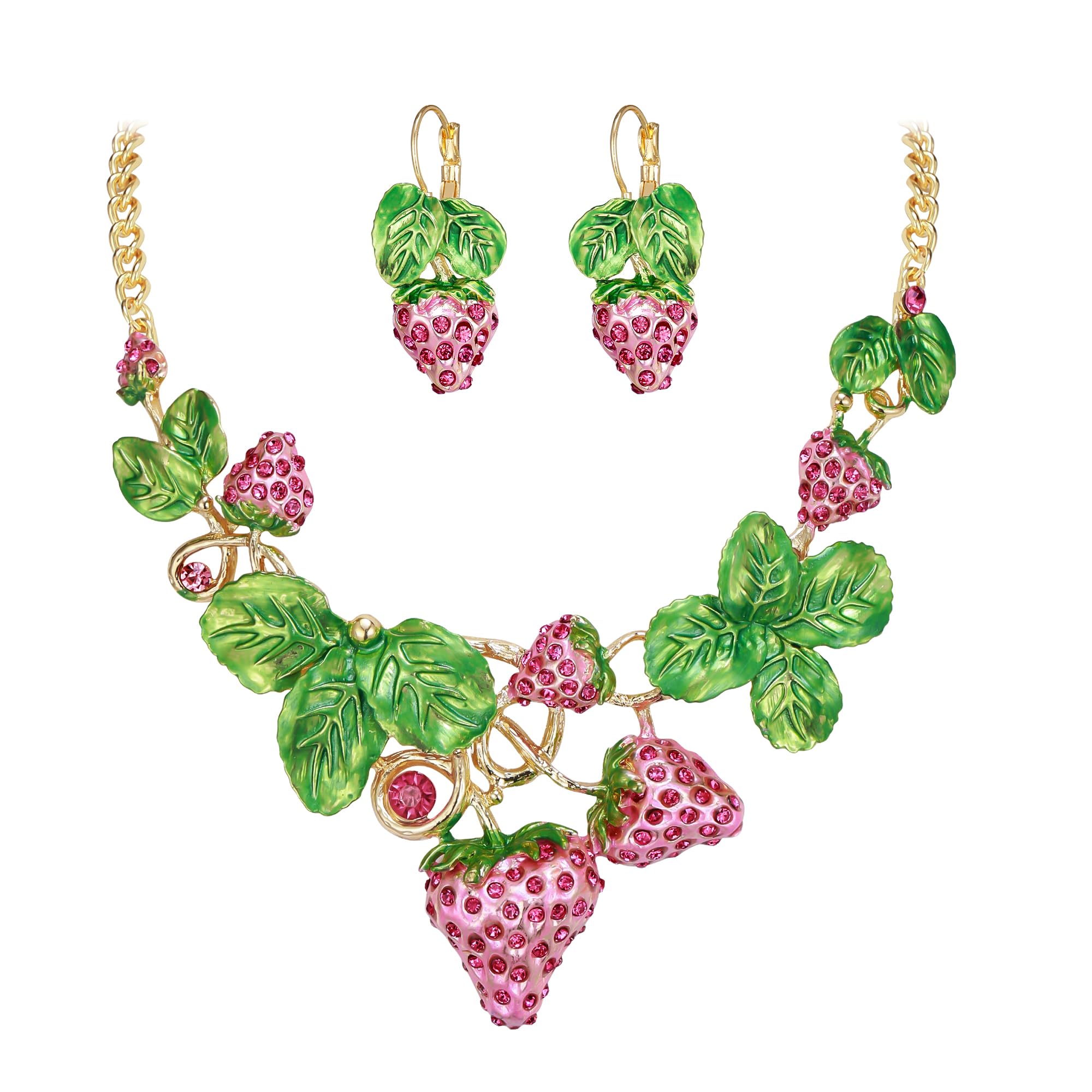 EVER FAITH Women's Austrian Crystal Sweet Strawberry Leaf Necklace Earrings Set