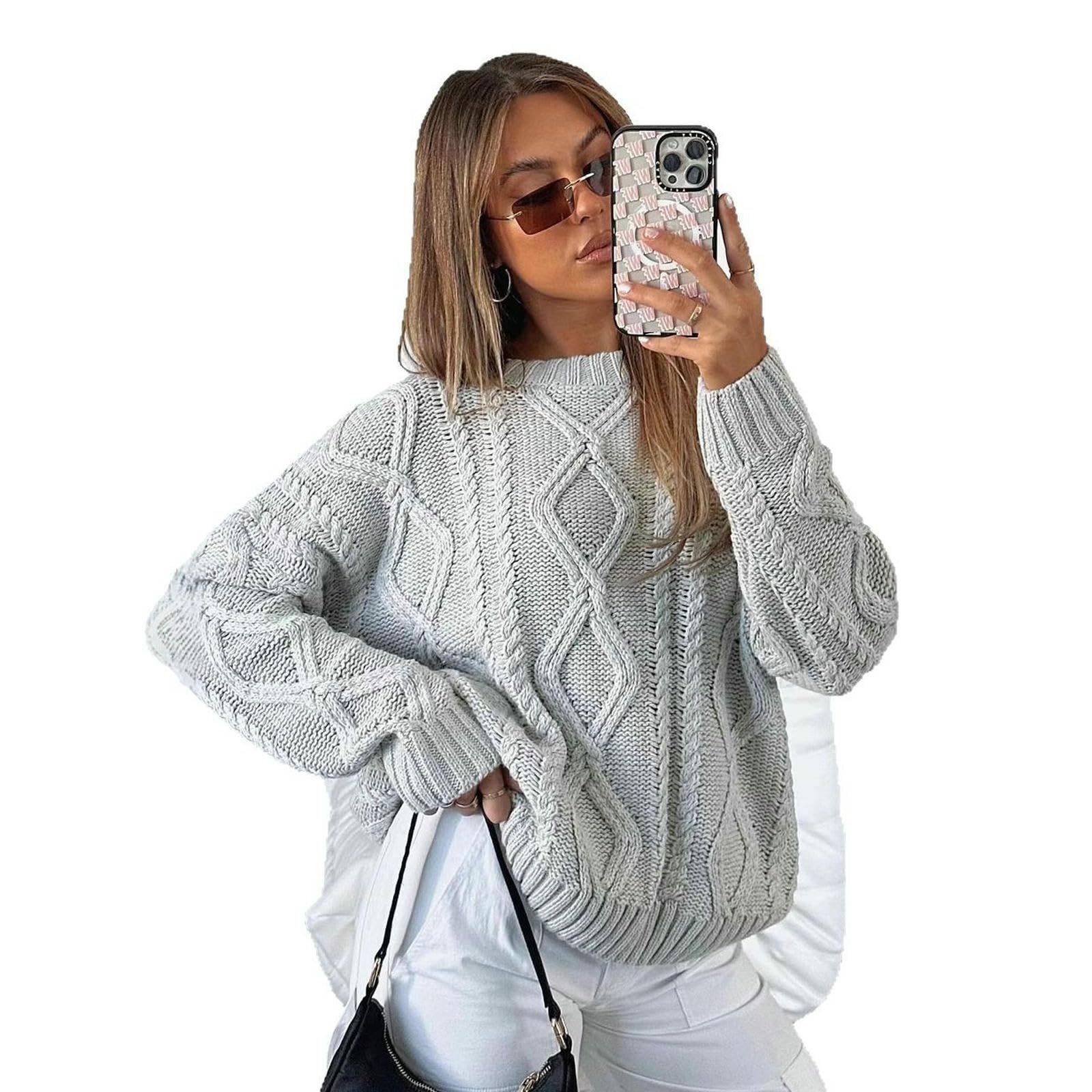 Maglione da Donna A Trecce con Scollo Tondo, Pullover Elegante, Versatile Maniche Lunghe-Rosa-m