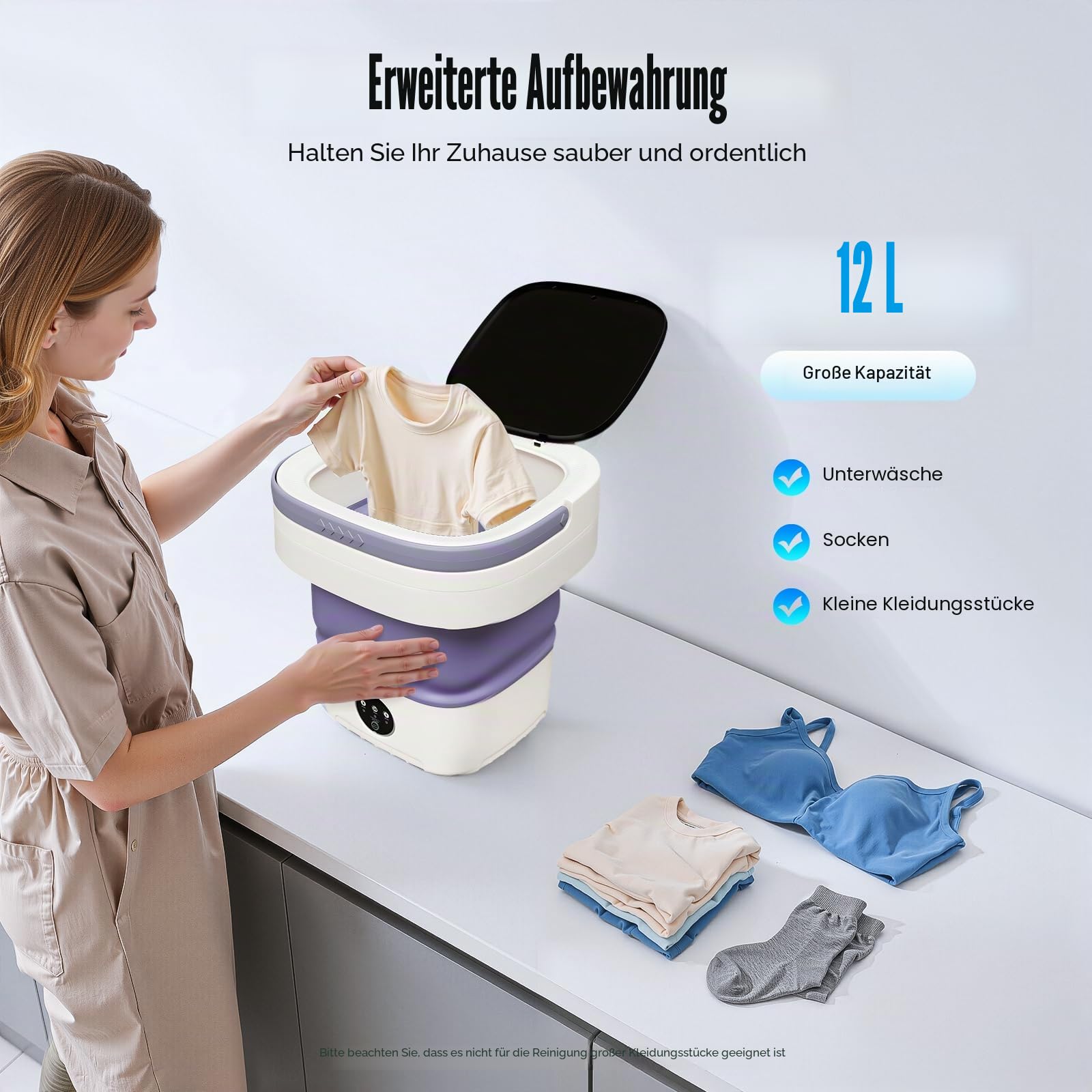 Faltbare Mini-Waschmaschine, 12L Waschmasch, 3 Waschprogramme, Miniwaschmaschine, Washing Machine, Reisewaschmaschine, Blaulichtfunktion, Für Unterwäsche Babykleidung Socken (Lila)