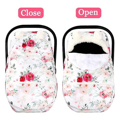 Miniatura 7 de Fundas de asiento de automóvil para bebés de invierno, funda de asiento de automóvil de flores para niñas, funda acogedora y cálida con cremallera,
