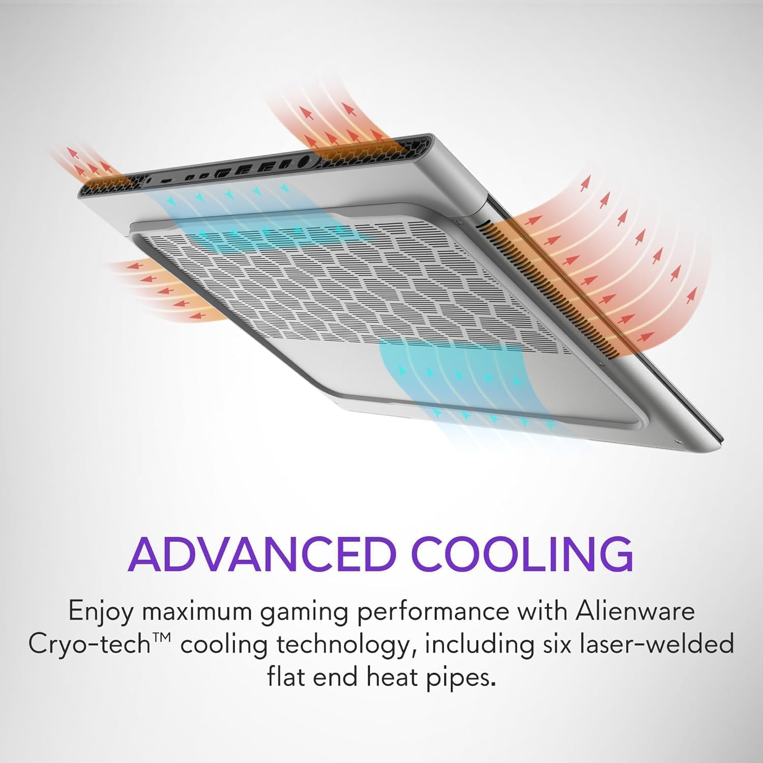 Diagram illustrating the advanced cooling system of the Alienware X16 laptop, showing airflow and heat dissipation.
