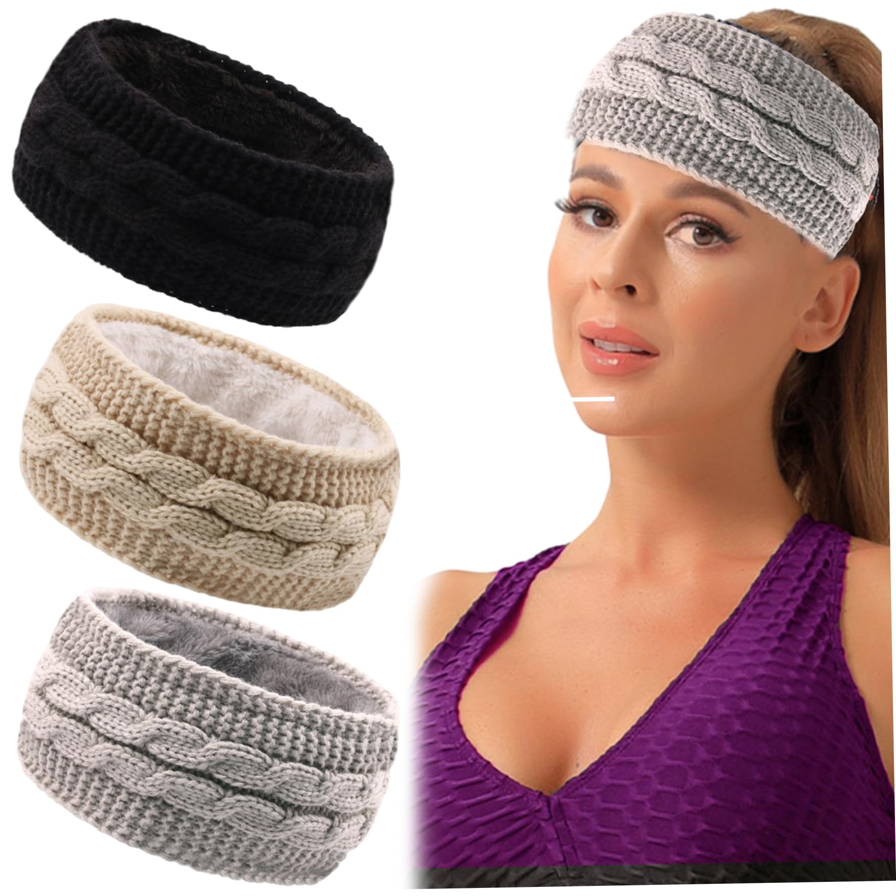 Bandeau d'hiver 3pcs Bandeau de Toison à Toison Chaud élastique Élastique Bandeaux Larges tricus pour Les Femmes Bandeaux Polyvalents pour Le Ski, Le Snowboard, Le vélo.
