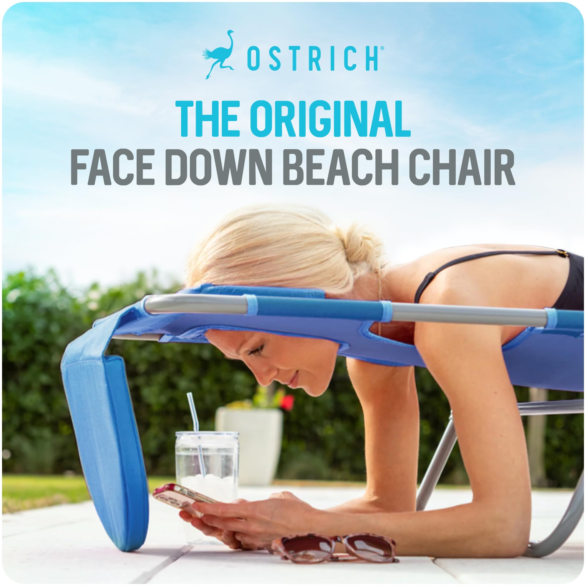 Ostrich The Heavy-Duty Backpacker Portable Beach Chair with Face Hole | Adjustable Lounge Chair with Face Opening Cup Holder 325lb Capacity Blue product thumbnail 6