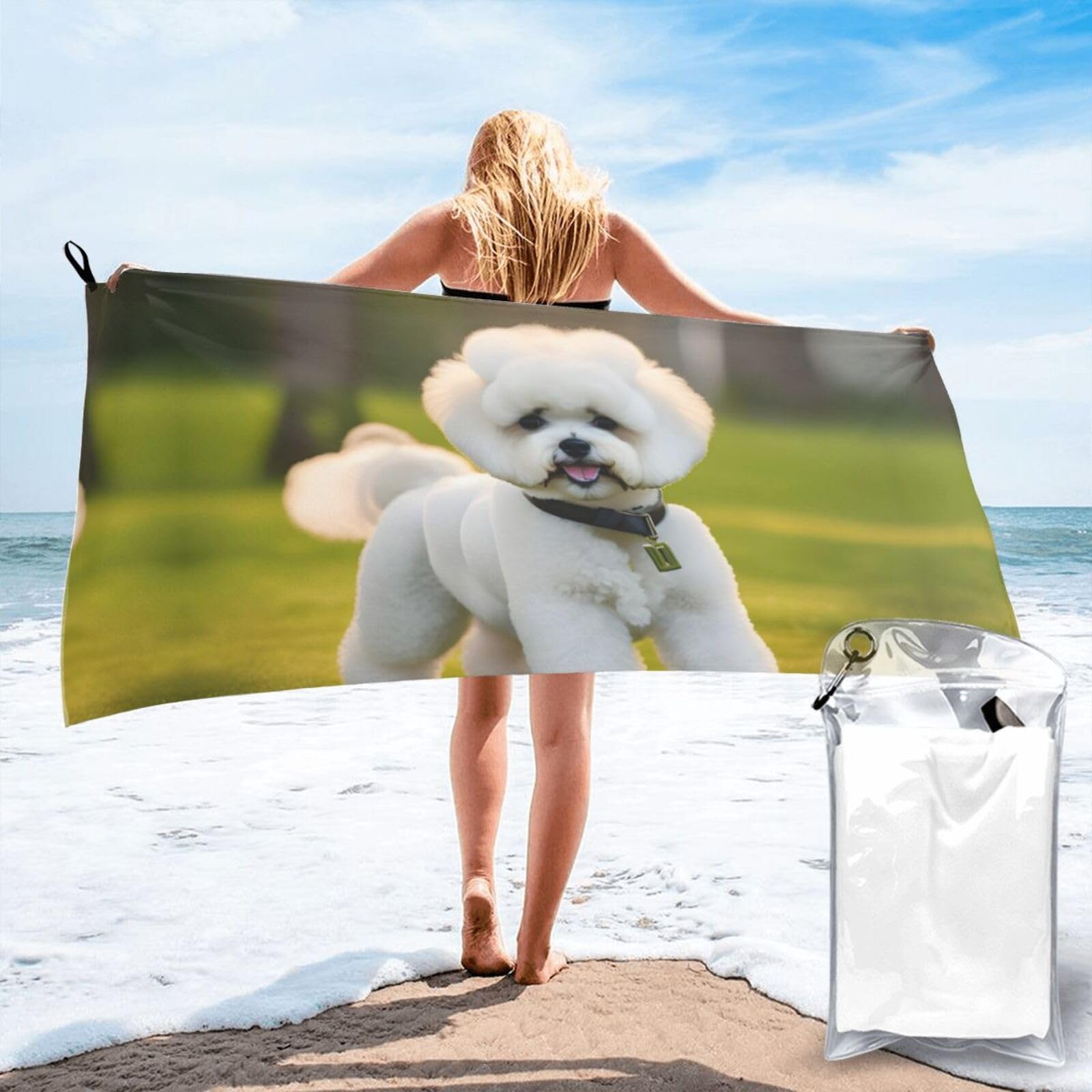 AYYQWE Bichon Frise Dog On The Grass Print Lightweight Towel For Men Women Travel Beach Camping Hiking Yoga Swimming Sports