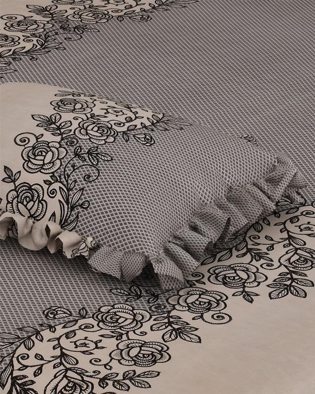 Image of 380 TC Premium Glace Cotton Elastic Fitted Bedsheet King Size with 2 Pillow Covers King Size | Double Bed with All Around Elastic (Coffee Frill, Fitted - 72 inchx78 inch King)