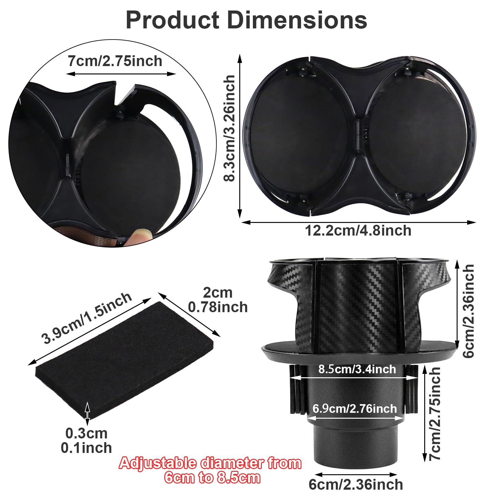 Porte-Gobelet de Voiture 2 en 1 pour Porte-gobelet de Voiture, Double Porte-Gobelet Universel avec Support Réglable, Ouverture élastique Ouverte, Ajustement Universel de 6 à 8.5 cm