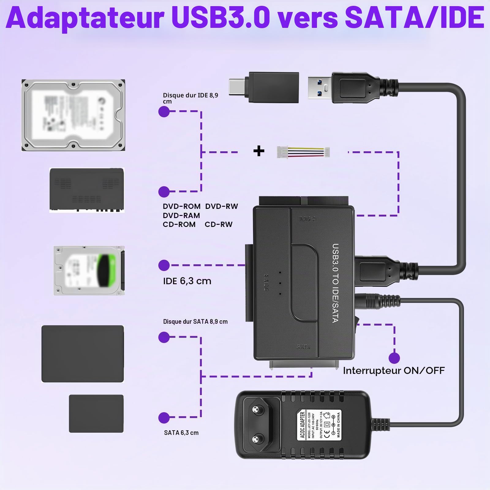 5Gbps IDE Adaptateur Disque Dur USB 3.0 pour 2.5"/ 3.5" HDD/SSD, Convertisseur SATA et IDEAdaptateur de Disque Dur IDE/SATA pour Windows avec Câble USB/Alimentation 12V 2A/SATACâble