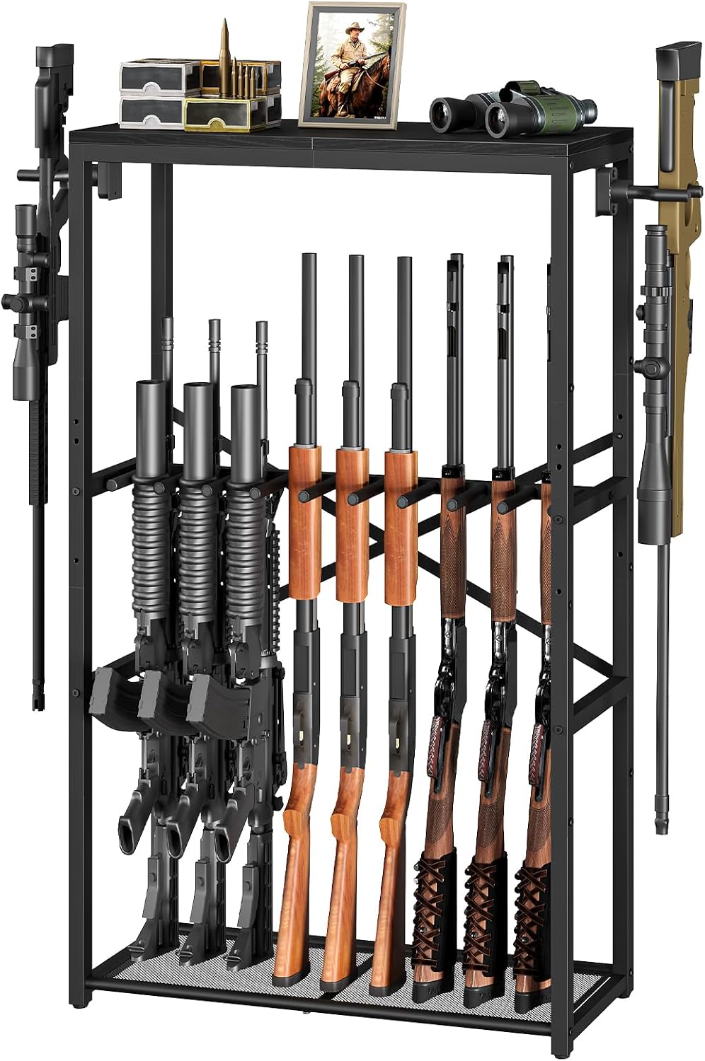 HOOBRO Indoor Gun Racks, Adjustable Heavy Duty Vertical Rifle Rack | Holds 11 Long Guns, Vertical Shotgun Display Stand with Shelf, Floor Standing Gun Rack for Home Garage, Office, Black