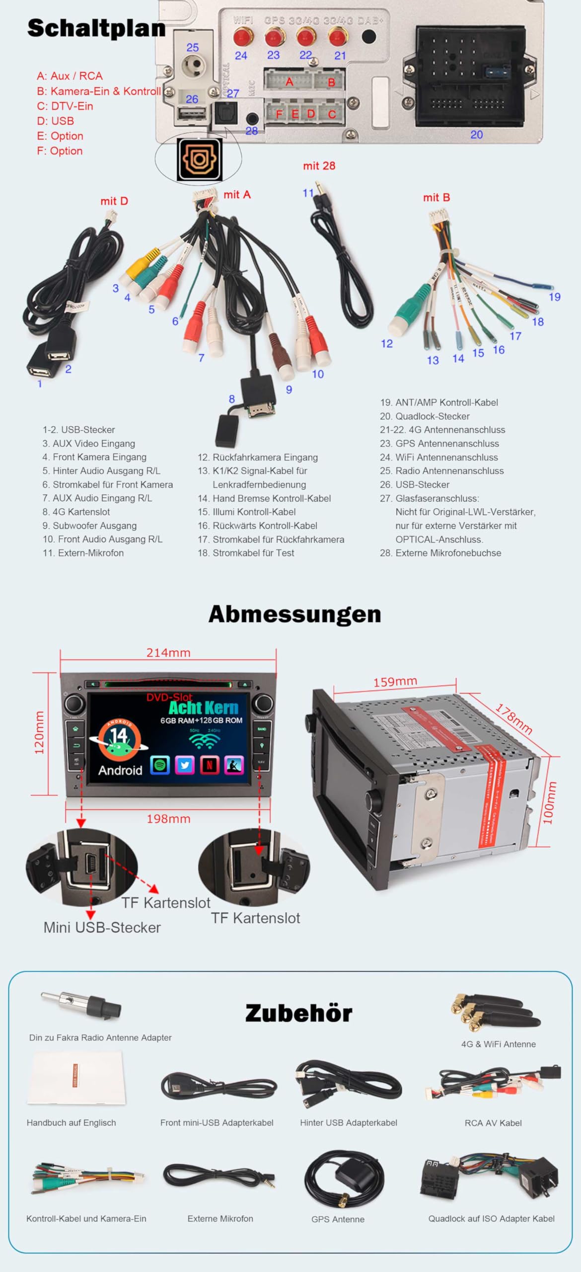Erisin Android 14 6GB+128GB 8-Kern DVD Autoradio Bluetooth GPS Navi für Opel Antara Astra Corsa C/D Vectra Meriva Signum Vivaro Zafira Combo 7 Zoll CarPlay Android Auto DAB+ WiFi 4G Canbus DSP USB SWC