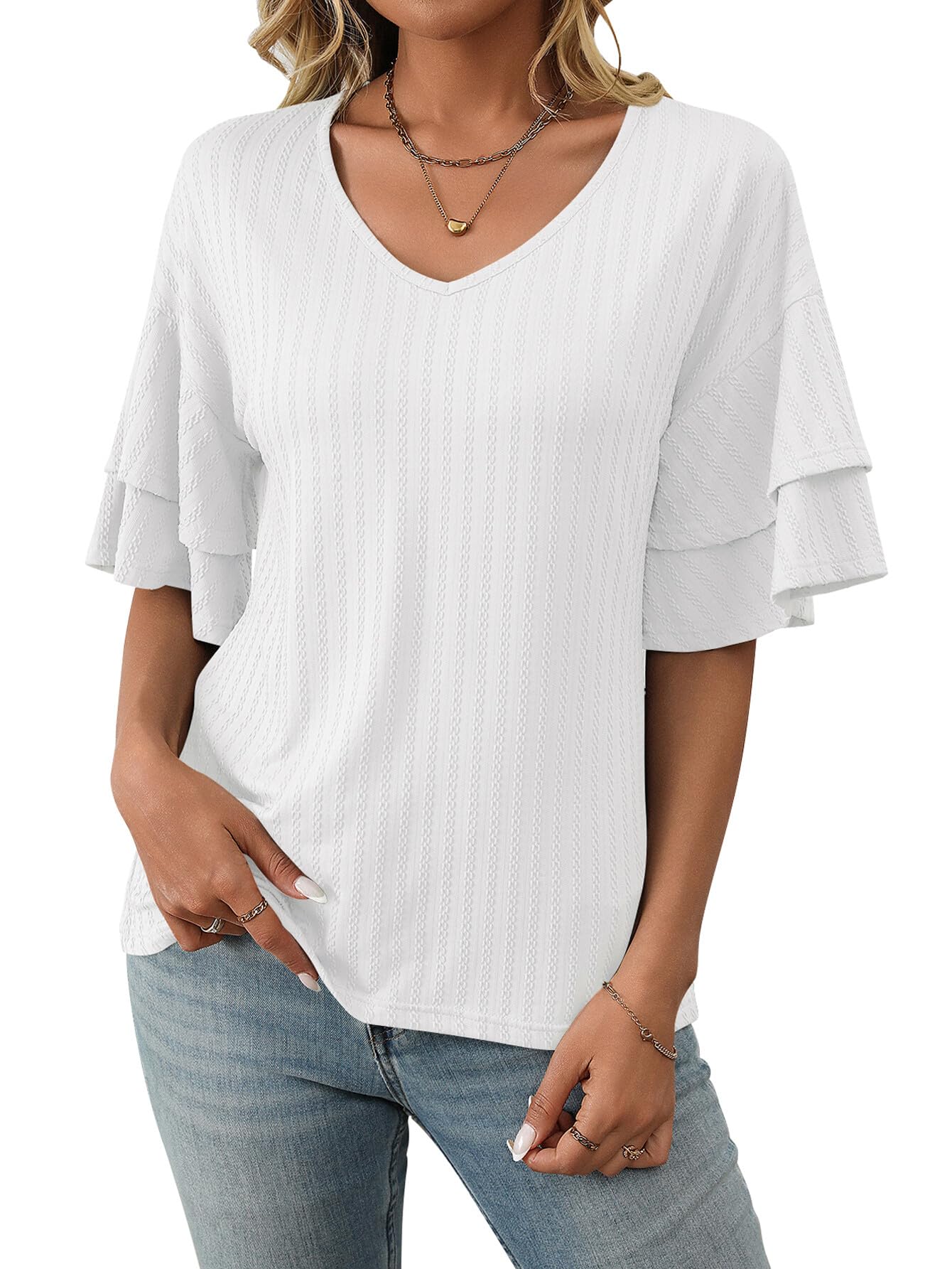 ASKSA Camicia Donna Con Scollo A V E Maniche 3/4 - Blusa Elegante Con Volant, Tinta Unita, Perfetta Per Ufficio E Tempo Libero, Taglie S-XXL