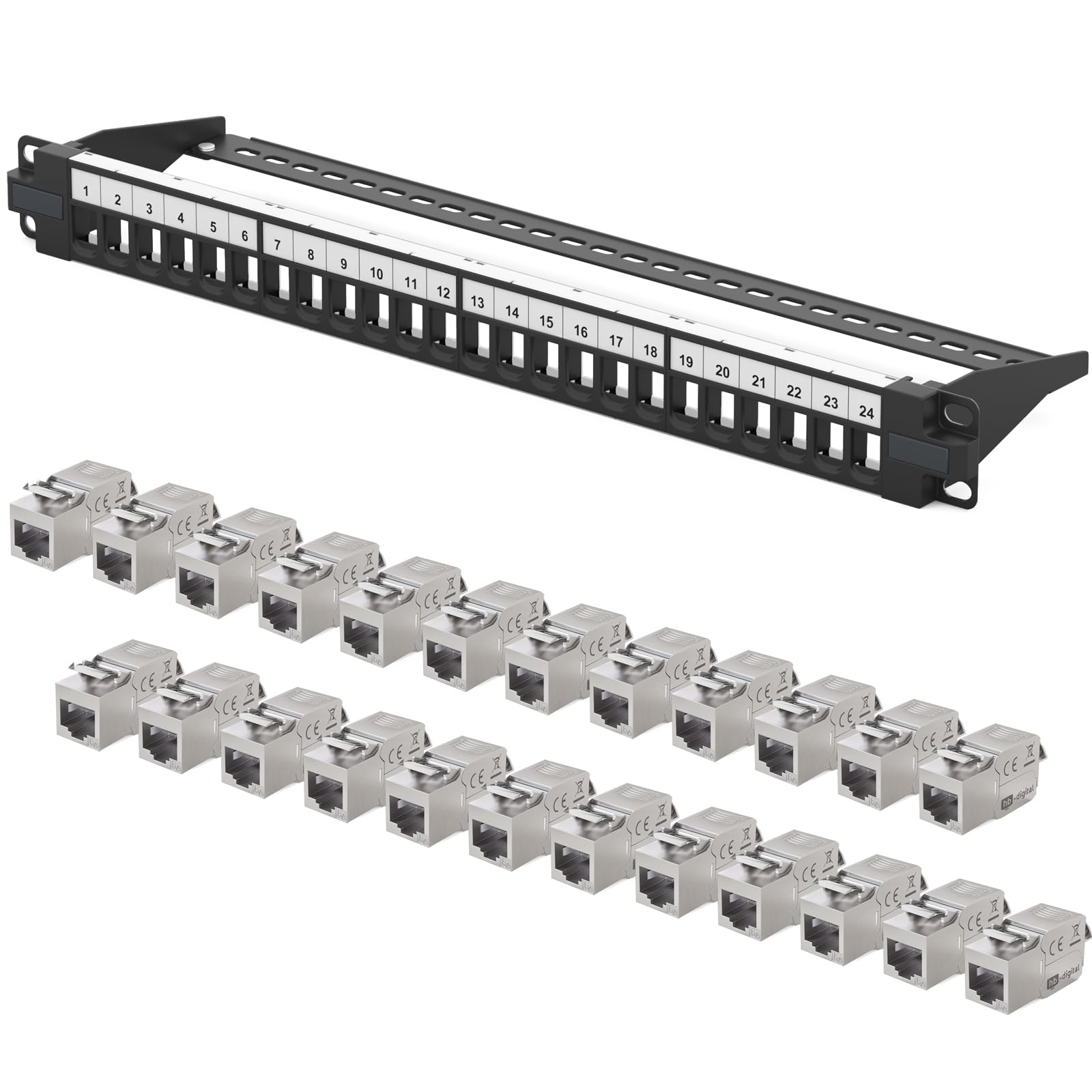 hb-digital Panel krosowy z 24 portami sieciowymi, panel krosowy 1 HE + 24 x CAT 6a Keystone Module RJ 45, gniazdo Jack do montażu na ścianie, kompatybilny z kablem instalacyjnym CAT 6, Ethernet LAN