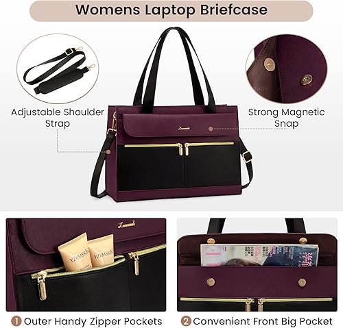 Miniatura 5 de LOVEVOOK Bolsa para laptop para mujeres de 15.6 pulgadas, bolso tipo tote de trabajo profesional, maletín de computadora de cuero impermeable, bolso
