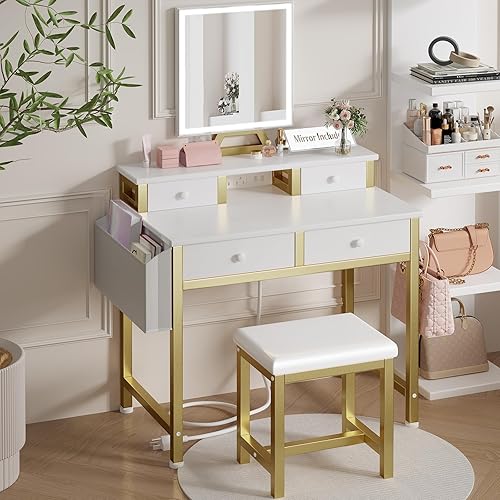 Miniatura 2 de Pequeño escritorio de maquillaje con luces, juego de tocador para niñas de 31 pulgadas con espejo y silla, tocador de maquillaje con cajones y toma