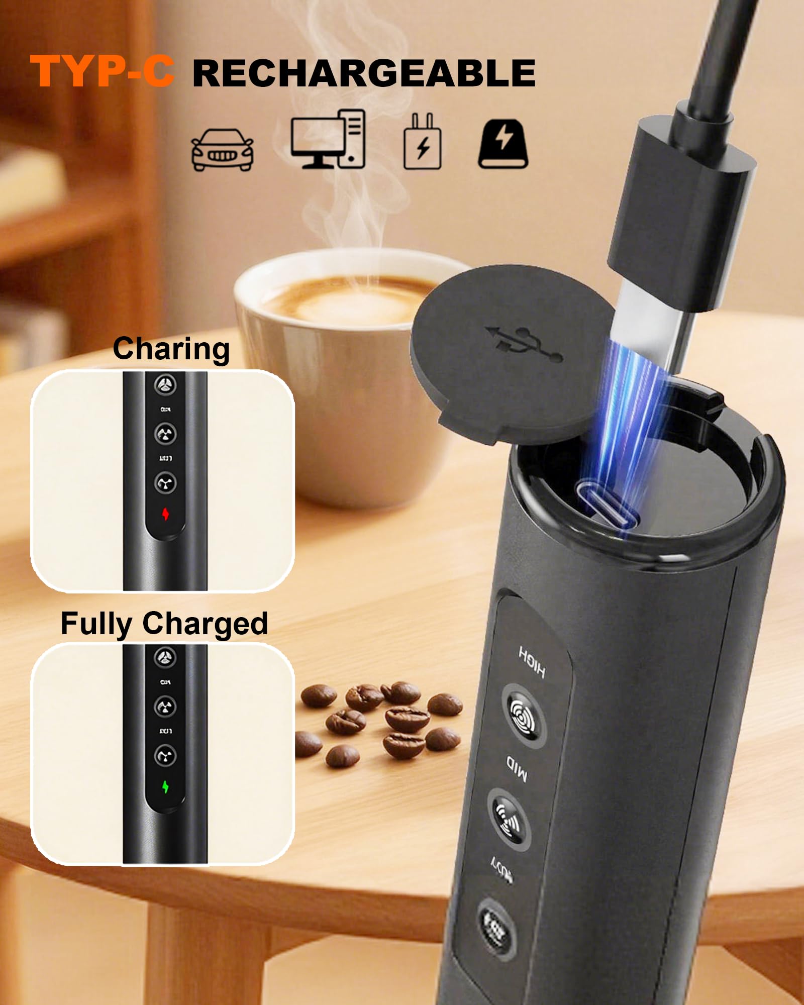 Mousseur à lait rechargeable avec boîte, mousseur à café portable à 3 vitesses avec 3 fouets, baguette mousseuse électrique pour café, latte, cappuccino, chocolat chaud, matcha et œuf, noir