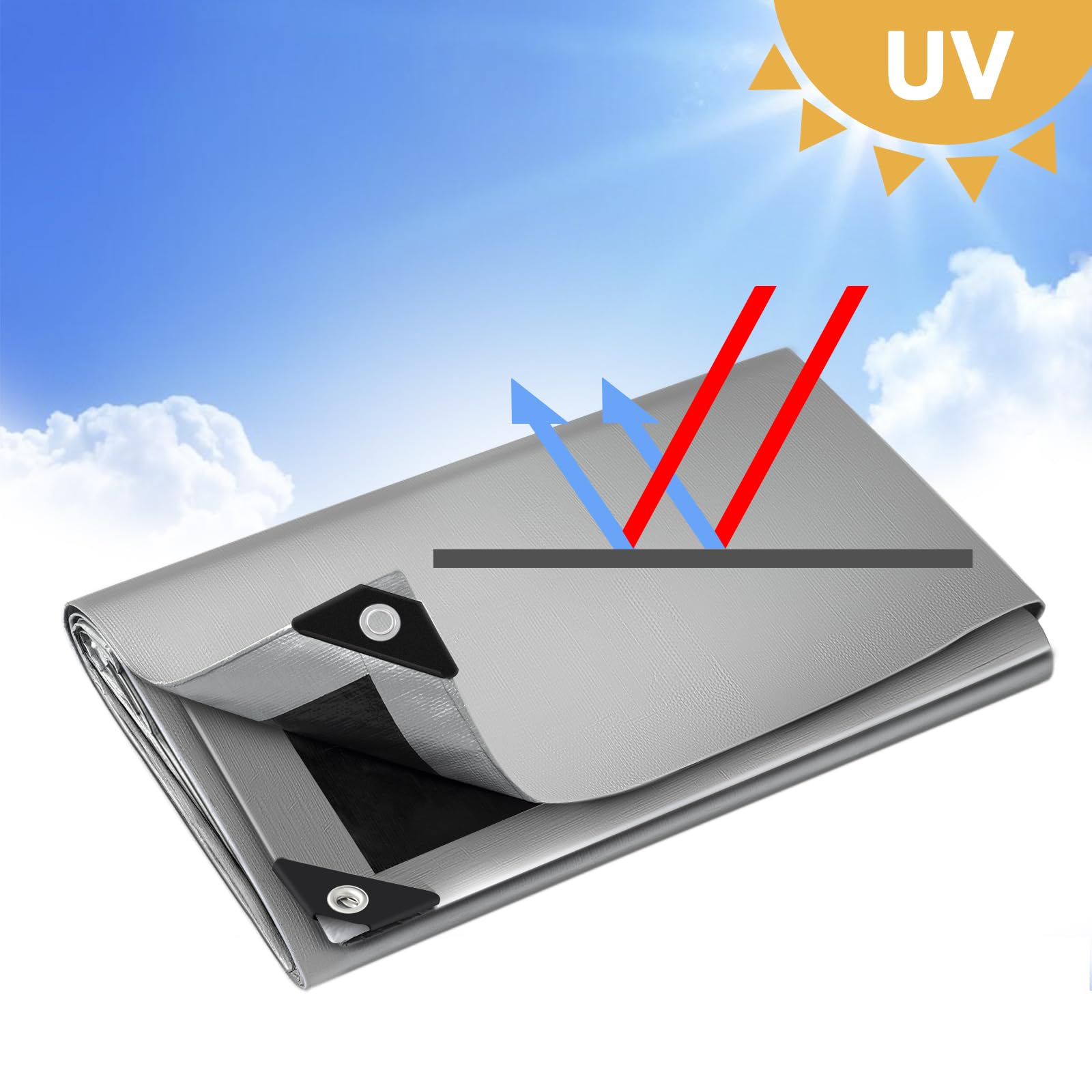 WOLTU Plandeka 180g/m² z oczkami na grill samochodowy trampolina wodoodporna, odporna na rozdarcia,4x6m Szary+Czarny